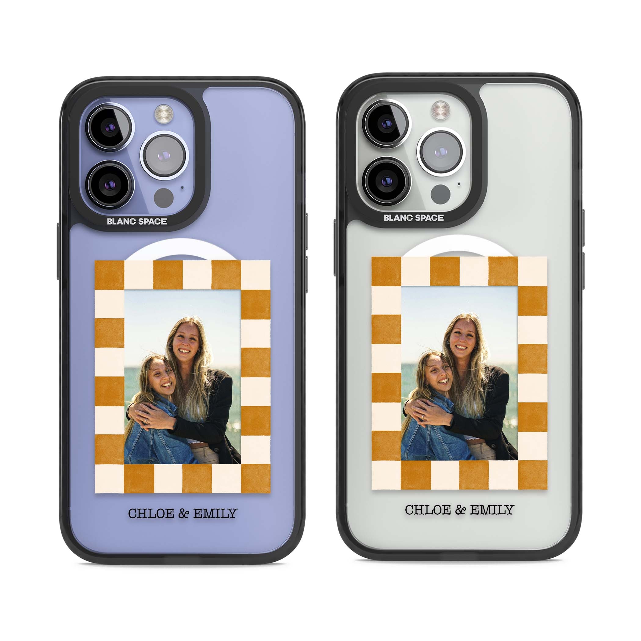 Citrus Check Photo personalised iPhone case with custom photo, orange checkered frame and names underneath | Black Impact Magsafe case for iPhone 13 Pro, iPhone 14 Pro, iPhone 15 Pro