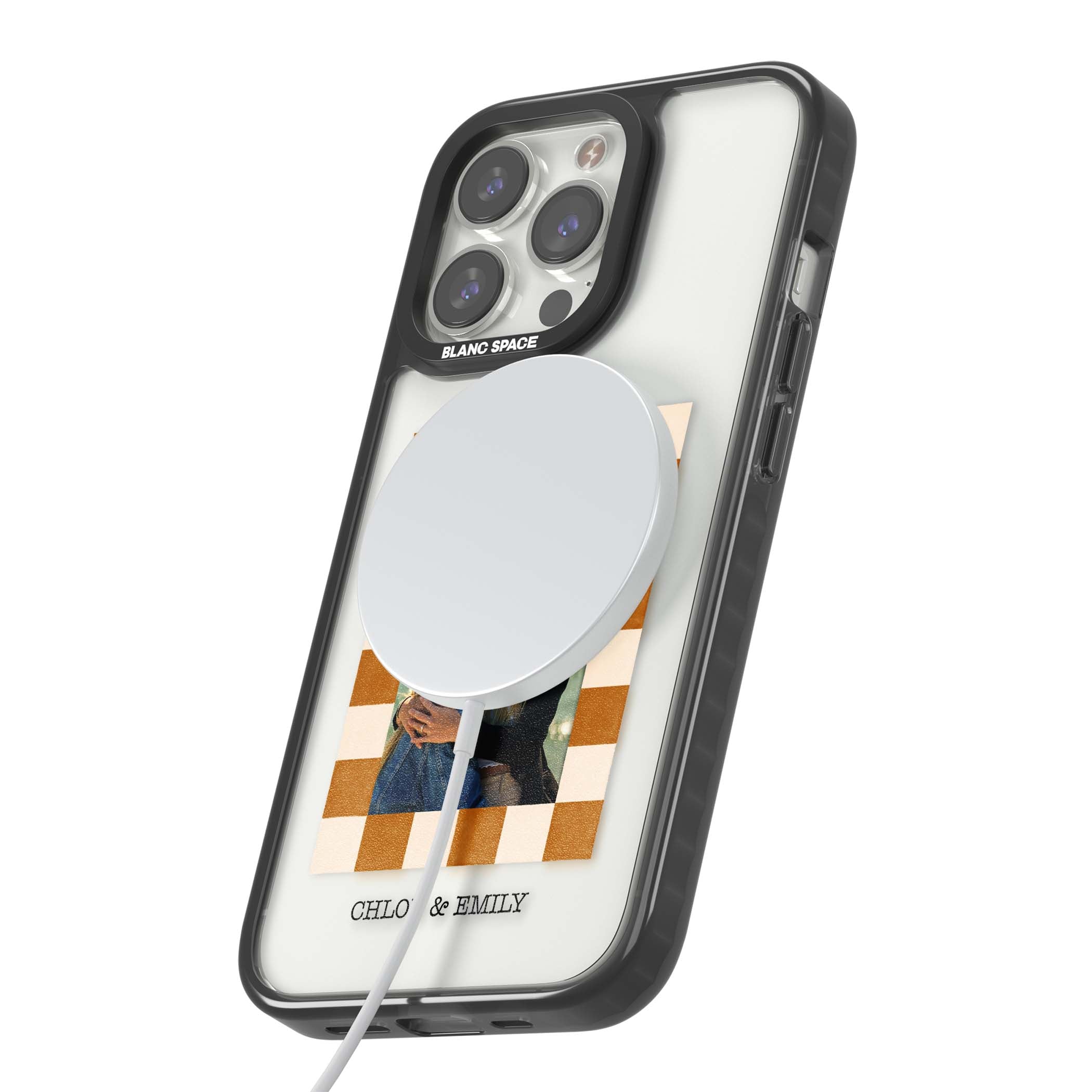 Citrus Check Photo personalised iPhone case with custom photo, orange checkered frame and names underneath | Black Impact Magsafe case for iPhone 13 Pro, iPhone 14 Pro, iPhone 15 Pro