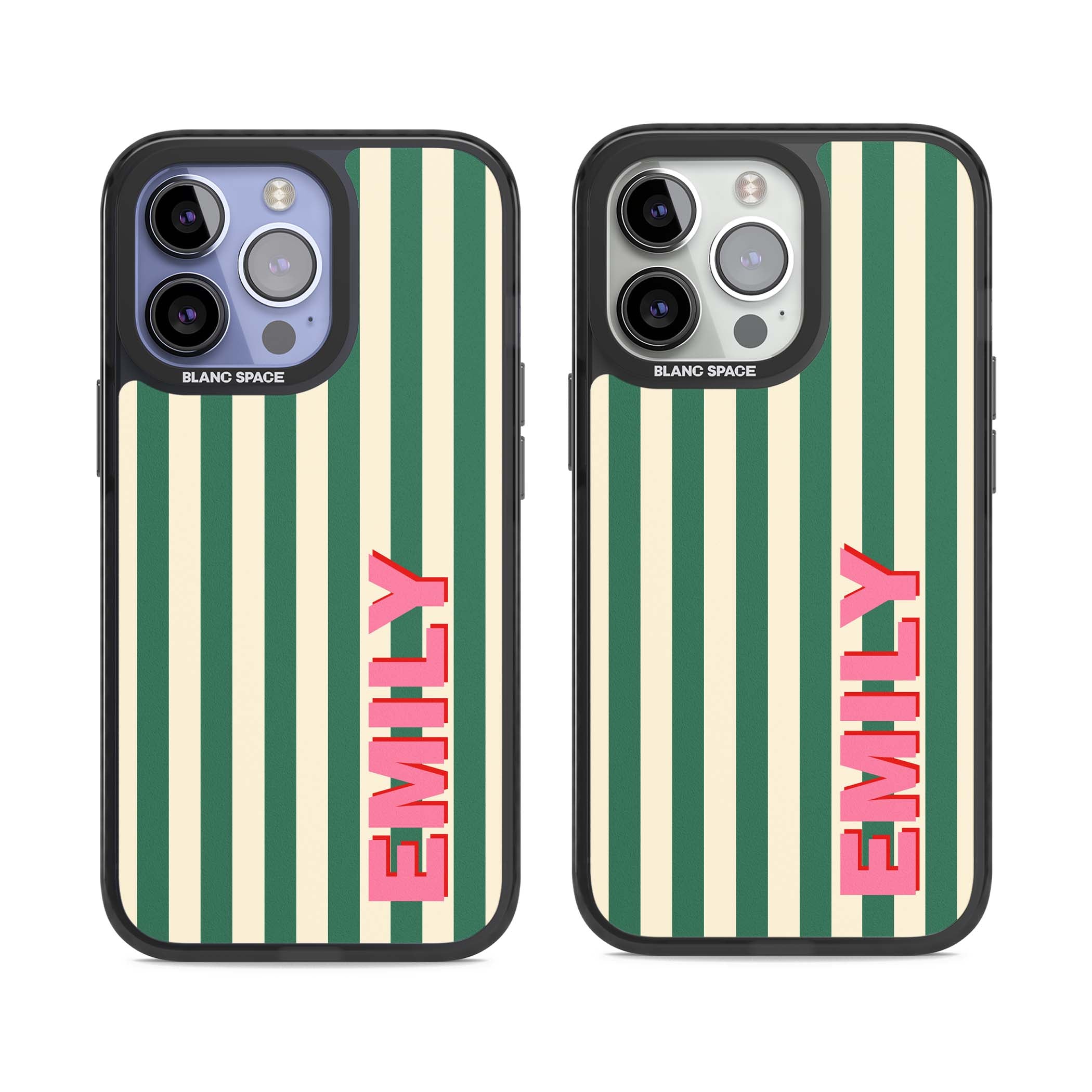 Wimbledon Stripe preppy iPhone case featuring green and cream vertical stripes with a personalised pink name | Black Impact Magsafe case for iPhone 13 Pro, iPhone 14 Pro, iPhone 15 Pro