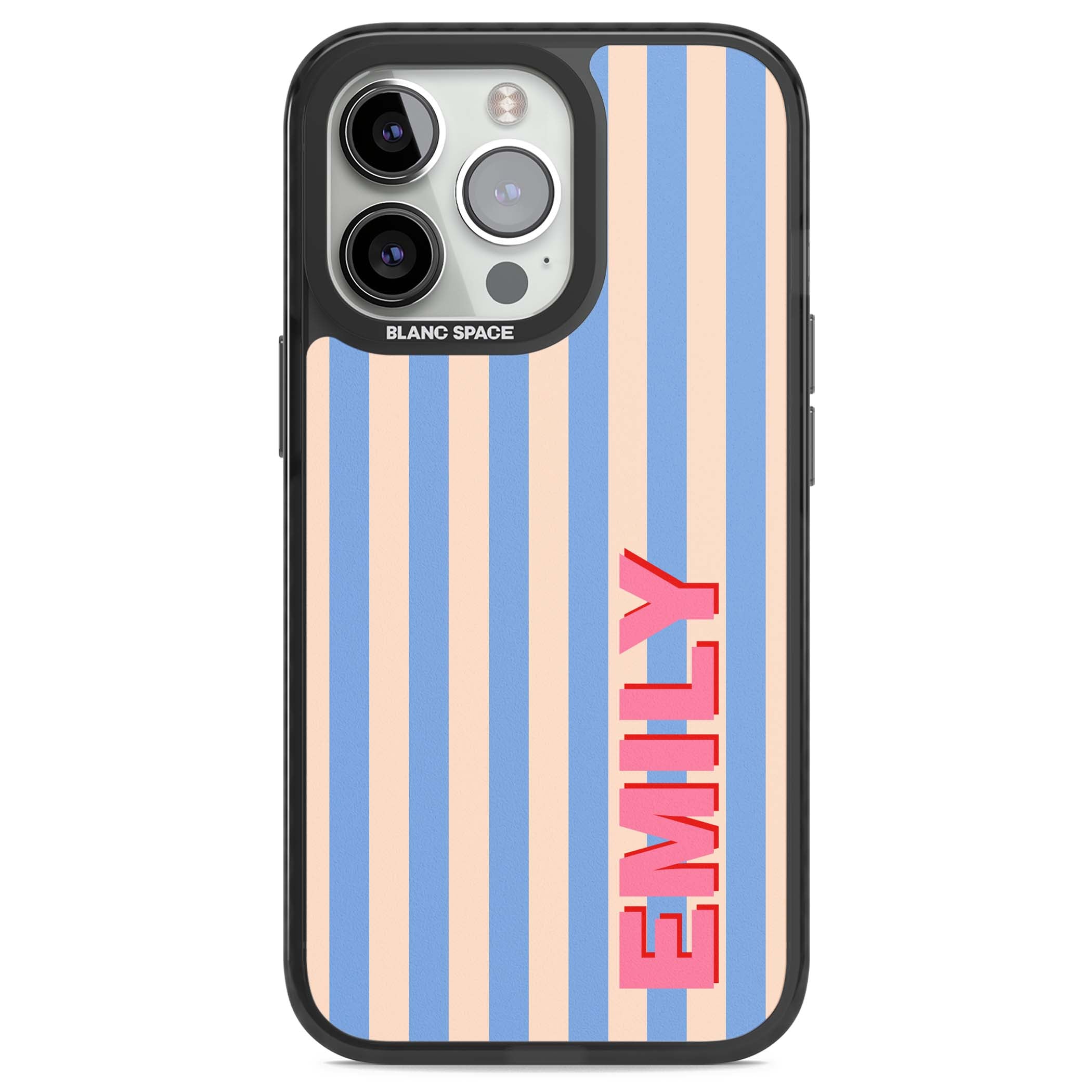 Coastal Stripe personalised coastal iPhone case with blue and peach vertical stripes and custom pink name | Black Impact Magsafe case for iPhone 13 Pro, iPhone 14 Pro, iPhone 15 Pro