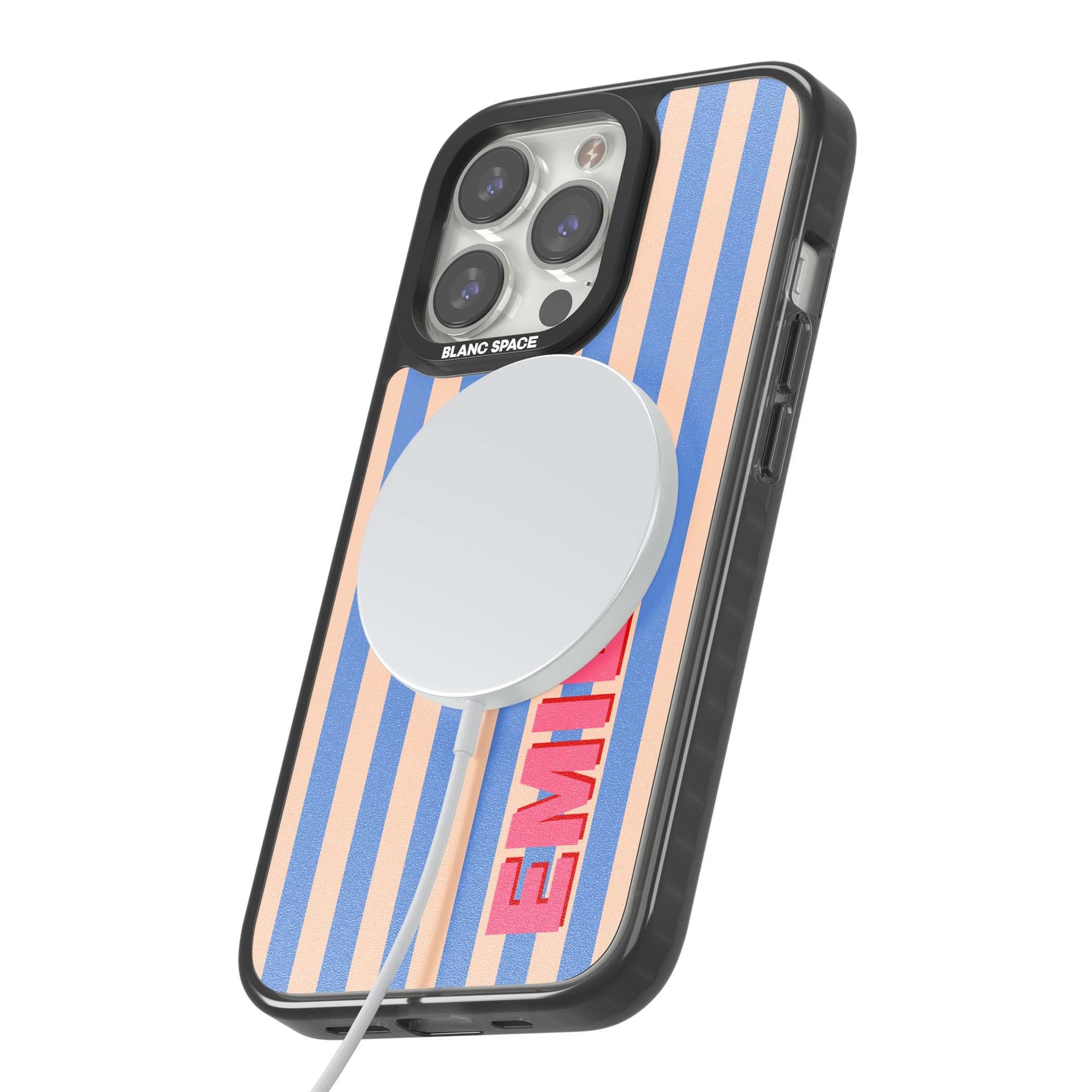 Coastal Stripe personalised coastal iPhone case with blue and peach vertical stripes and custom pink name | Black Impact Magsafe case for iPhone 13 Pro, iPhone 14 Pro, iPhone 15 Pro