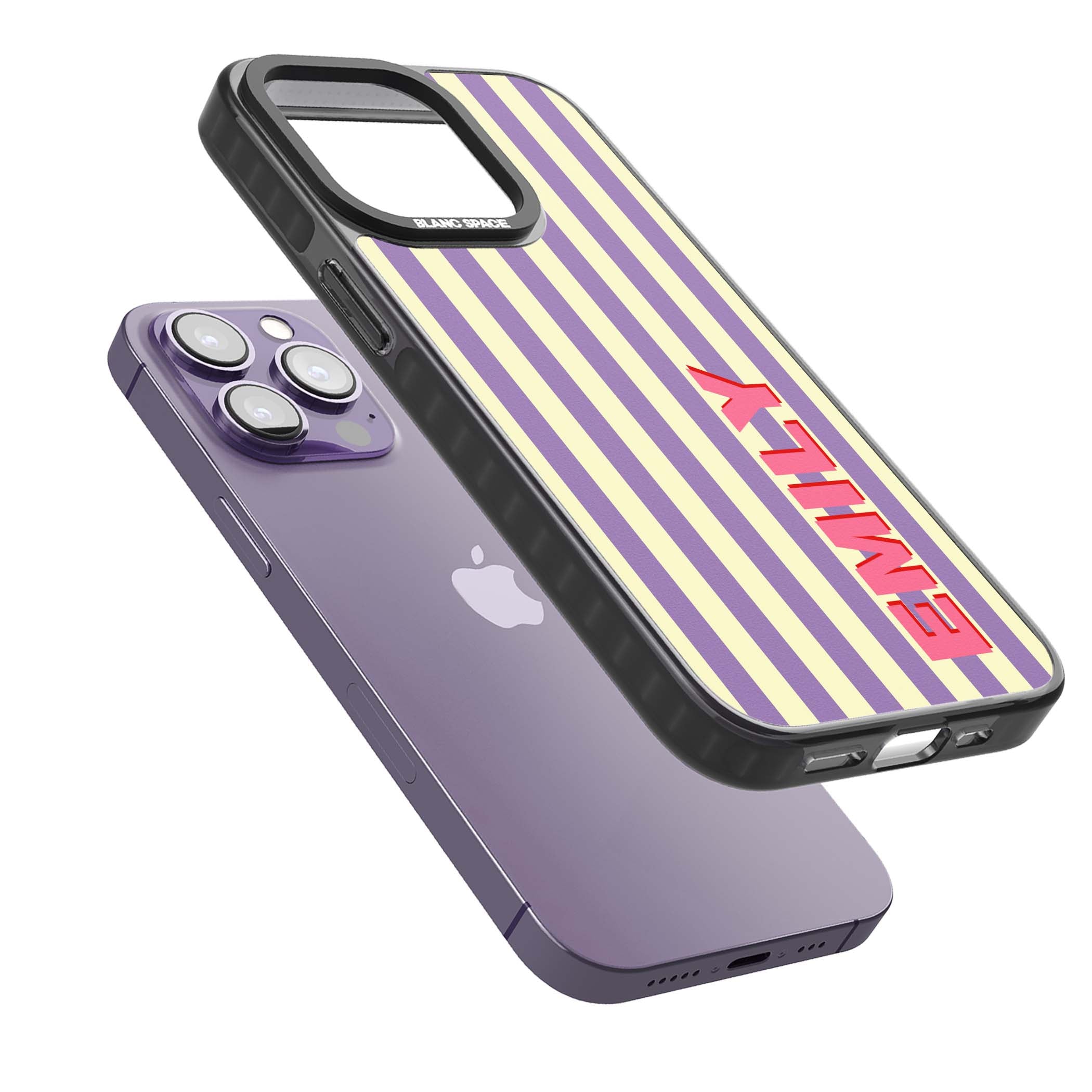 Valensole Stripe personalised iPhone case with purple and cream vertical stripes and pink custom name | Black Impact Magsafe case for iPhone 13 Pro, iPhone 14 Pro, iPhone 15 Pro