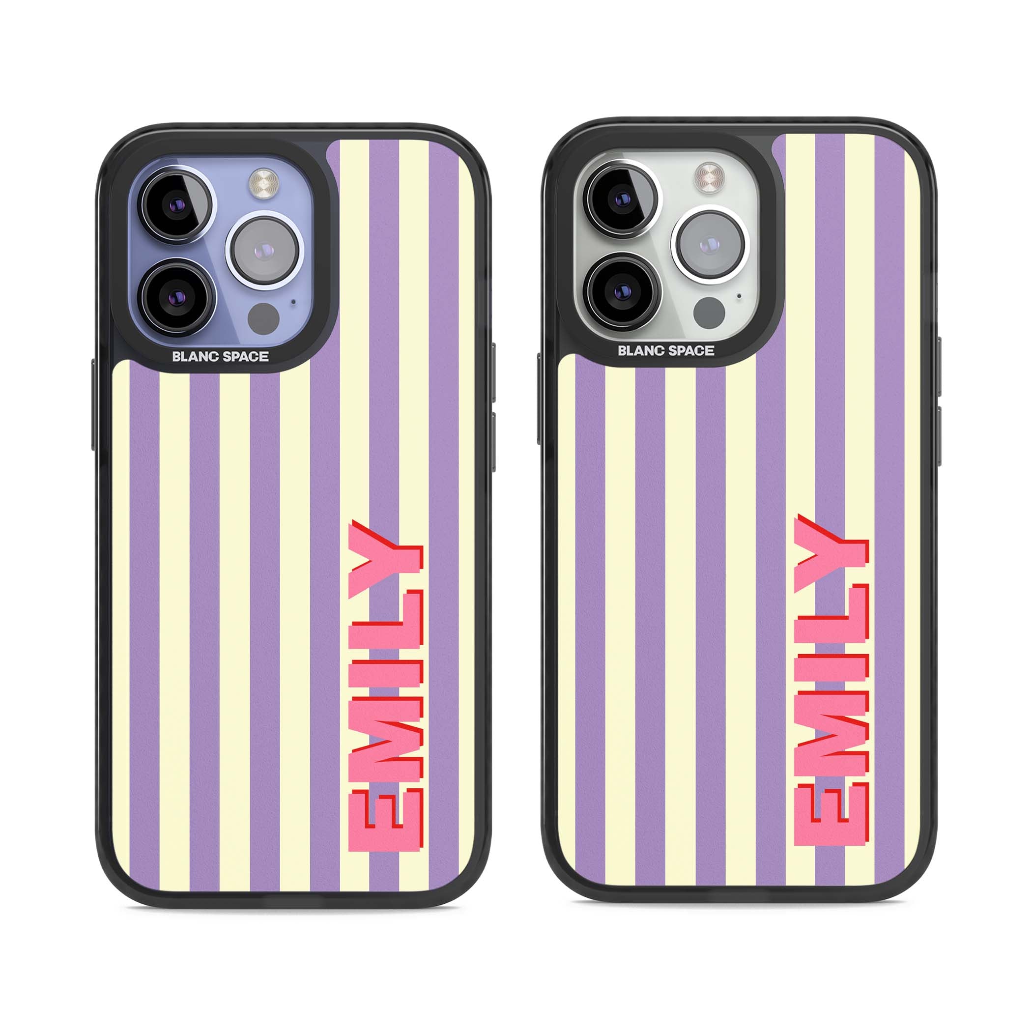 Valensole Stripe personalised iPhone case with purple and cream vertical stripes and pink custom name | Black Impact Magsafe case for iPhone 13 Pro, iPhone 14 Pro, iPhone 15 Pro