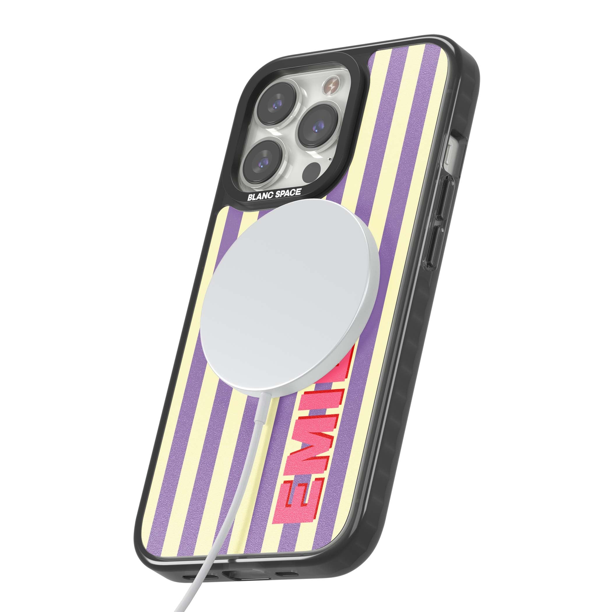 Valensole Stripe personalised iPhone case with purple and cream vertical stripes and pink custom name | Black Impact Magsafe case for iPhone 13 Pro, iPhone 14 Pro, iPhone 15 Pro