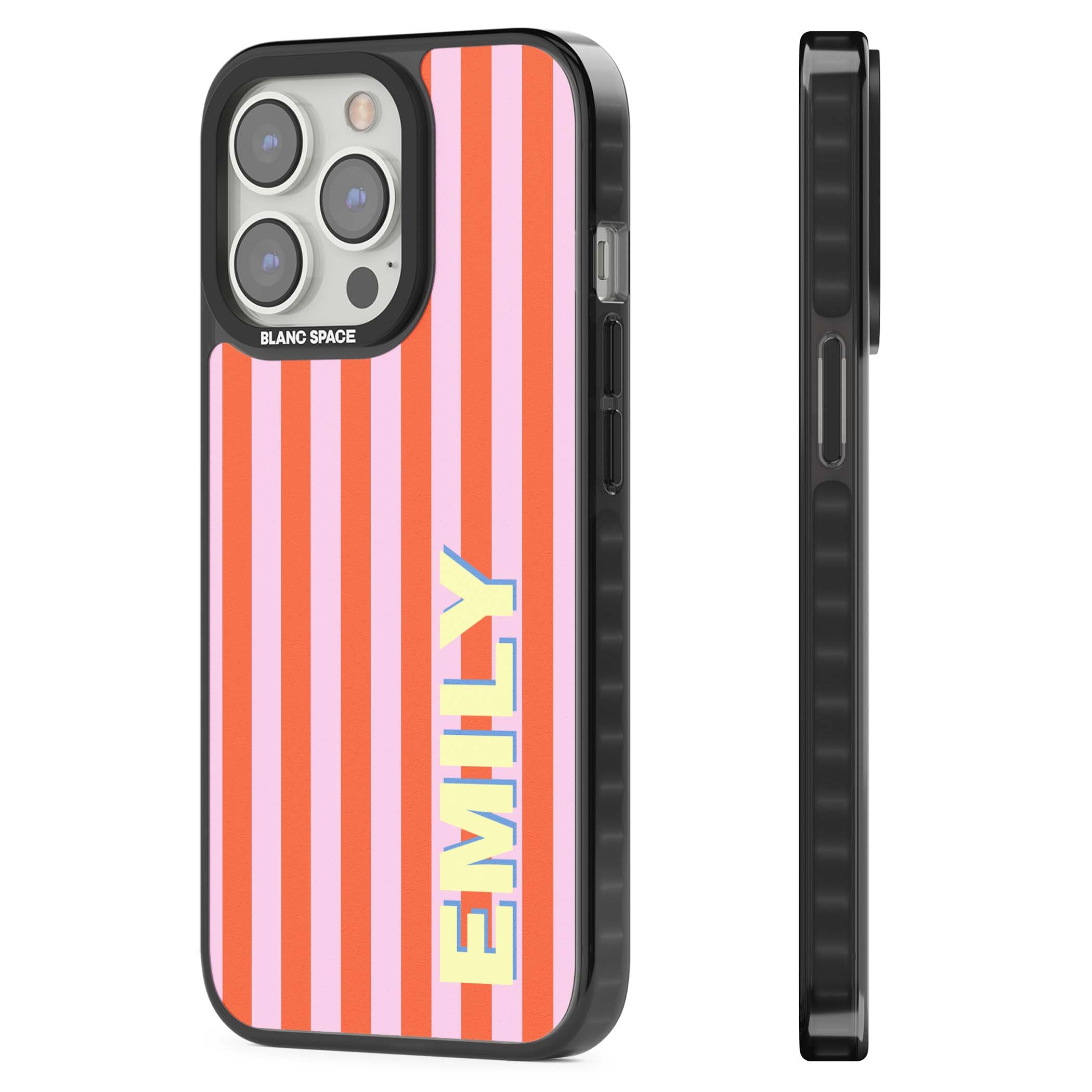 Havana Stripe personalised iPhone case featuring pink and orange vertical stripes with a custom yellow name | Black Impact Magsafe case for iPhone 13 Pro, iPhone 14 Pro, iPhone 15 Pro