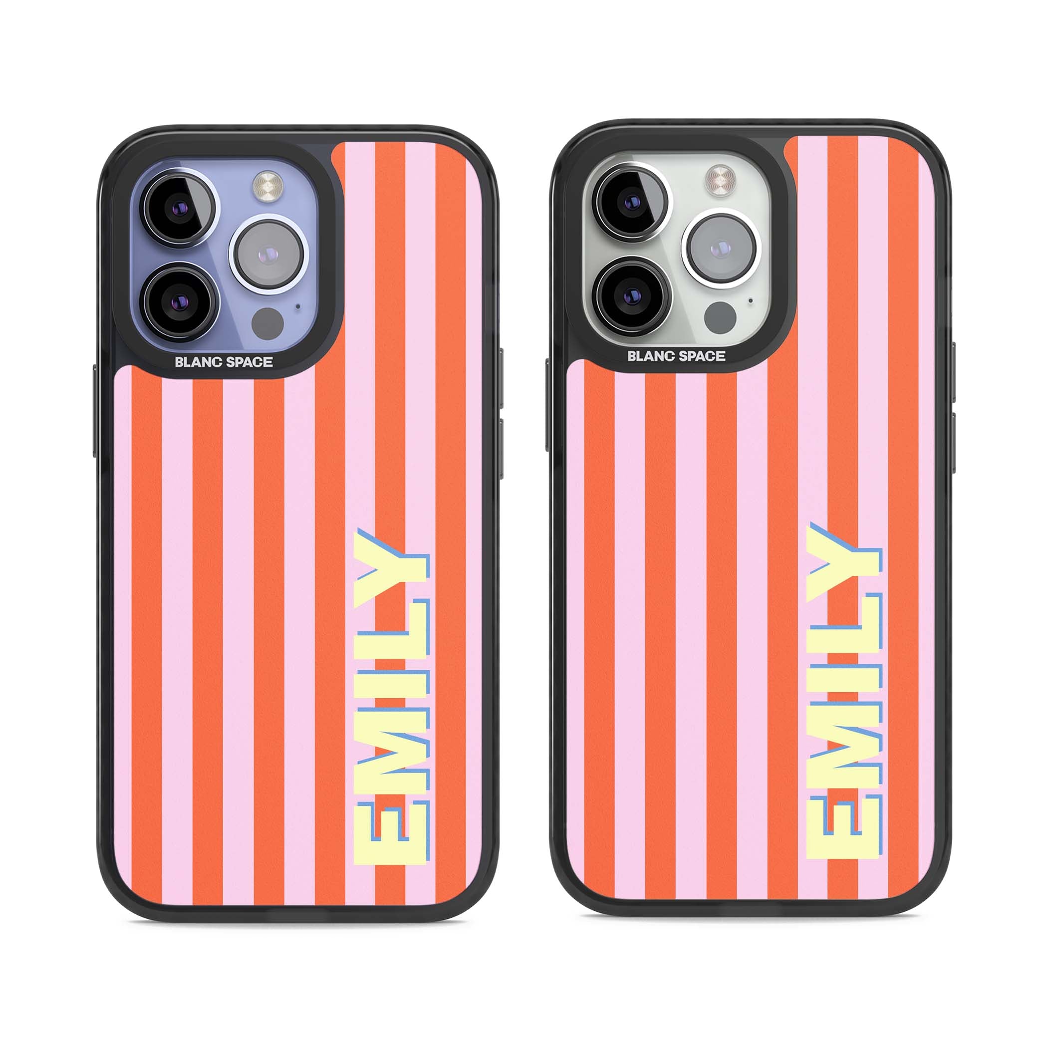 Havana Stripe personalised iPhone case featuring pink and orange vertical stripes with a custom yellow name | Black Impact Magsafe case for iPhone 13 Pro, iPhone 14 Pro, iPhone 15 Pro
