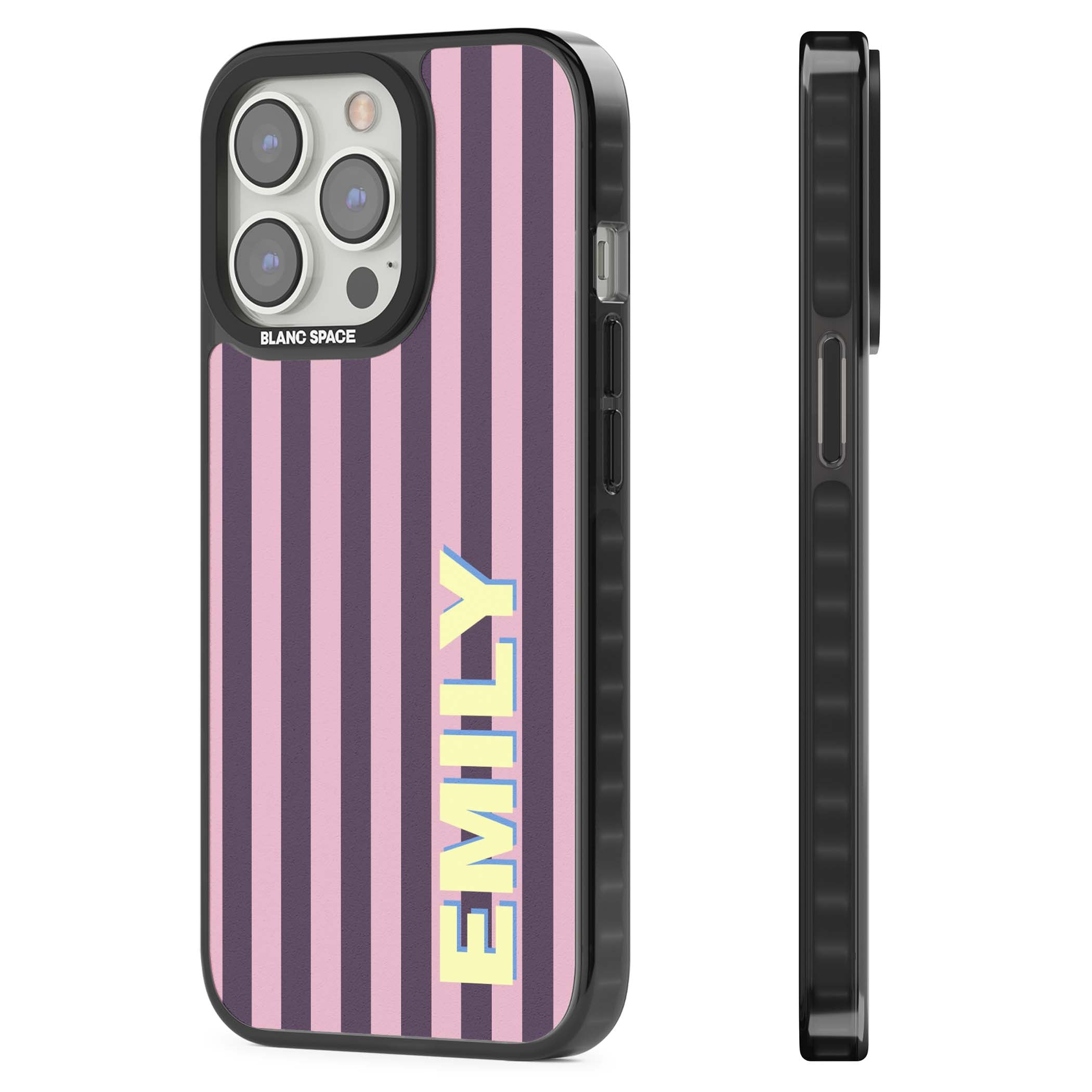 Tyre Stripe personalised stripe iPhone case with plum and pink vertical stripes and custom yellow name | Black Impact Magsafe case for iPhone 13 Pro, iPhone 14 Pro, iPhone 15 Pro