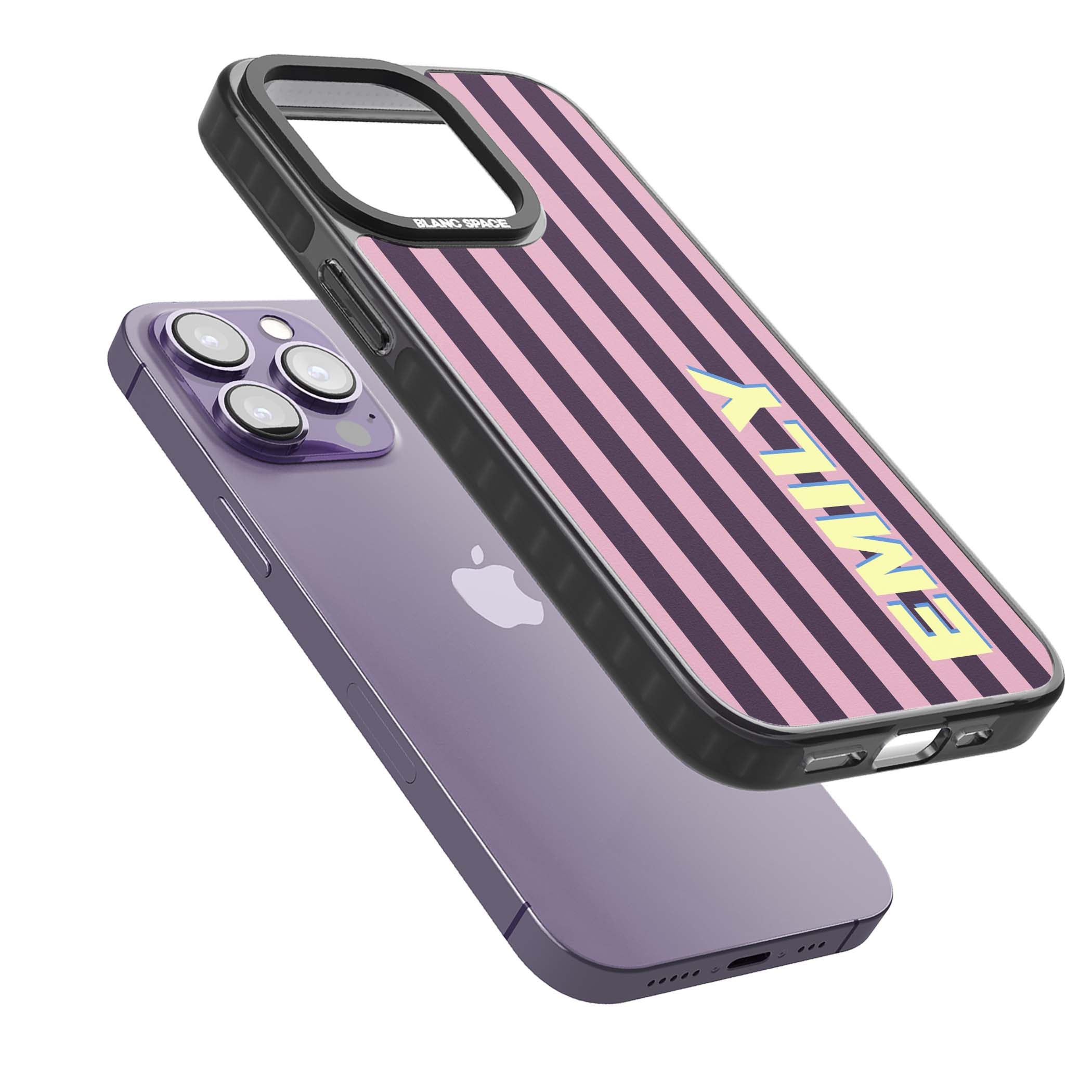 Tyre Stripe personalised stripe iPhone case with plum and pink vertical stripes and custom yellow name | Black Impact Magsafe case for iPhone 13 Pro, iPhone 14 Pro, iPhone 15 Pro