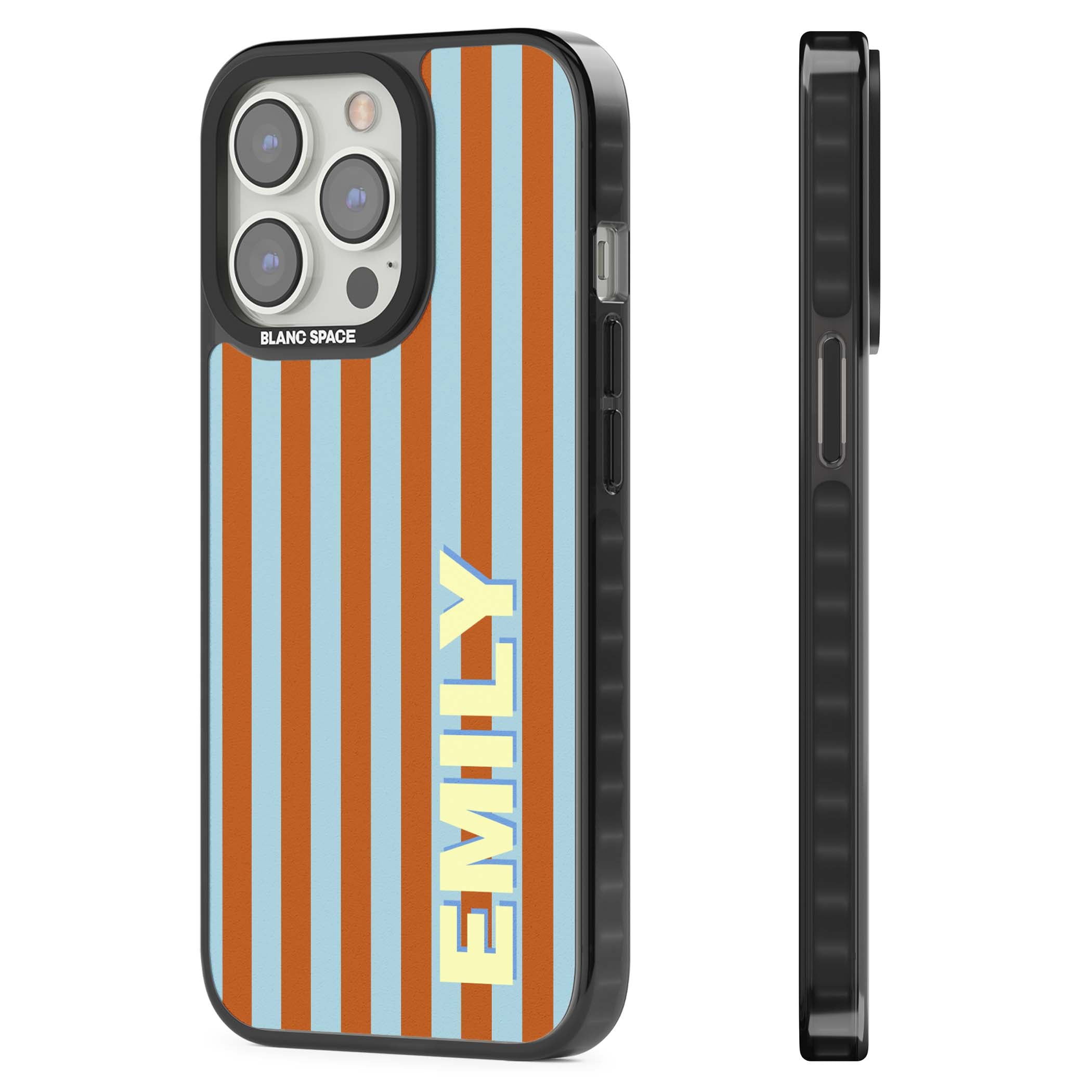 Cappadocia Stripe personalised coastal iPhone case featuring blue and orange vertical stripes with custom cream name | Black Impact Magsafe case for iPhone 13 Pro, iPhone 14 Pro, iPhone 15 Pro