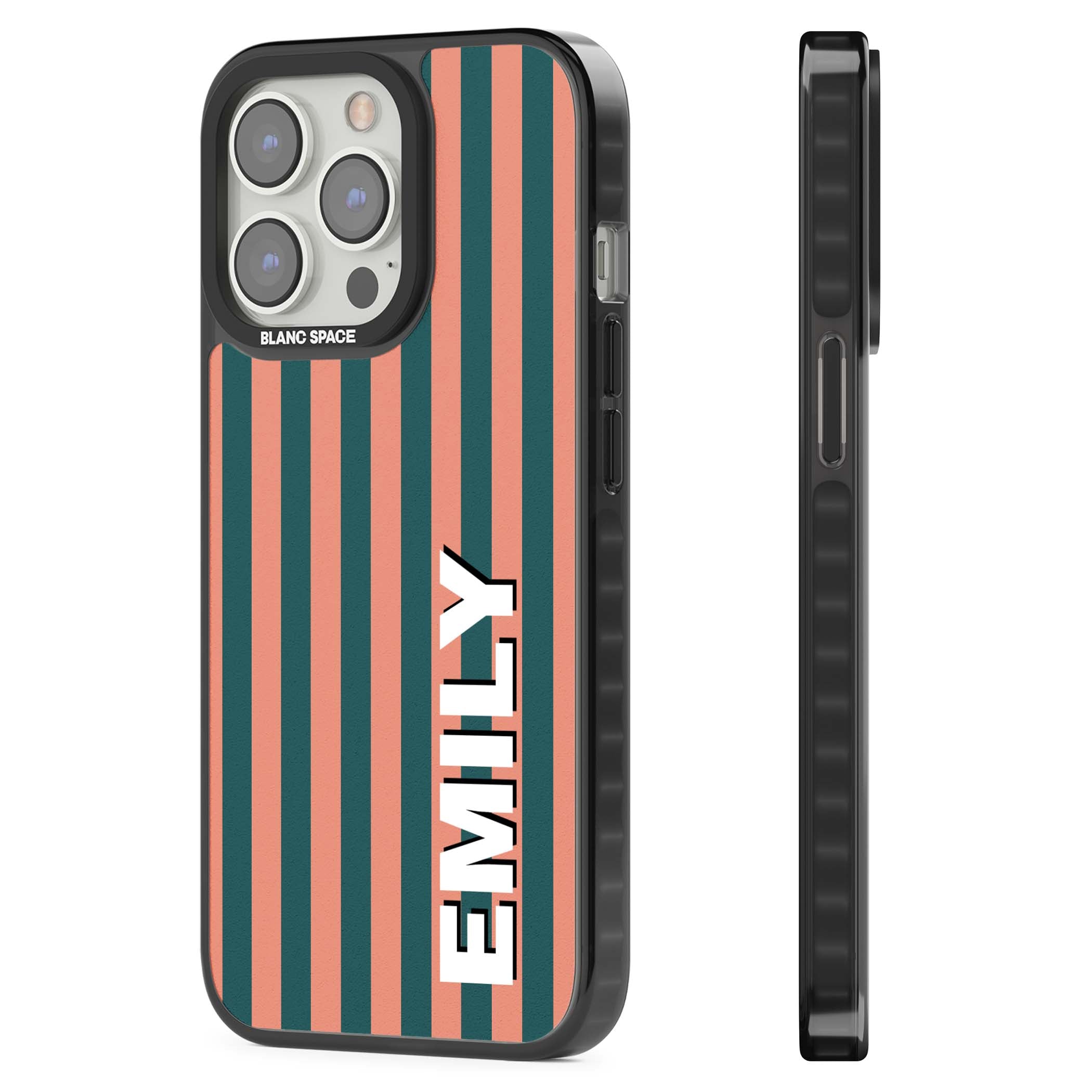 Tuscan Stripe personalised iPhone case featuring coral and green vertical stripes with bold custom name | Black Impact Magsafe case for iPhone 13 Pro, iPhone 14 Pro, iPhone 15 Pro