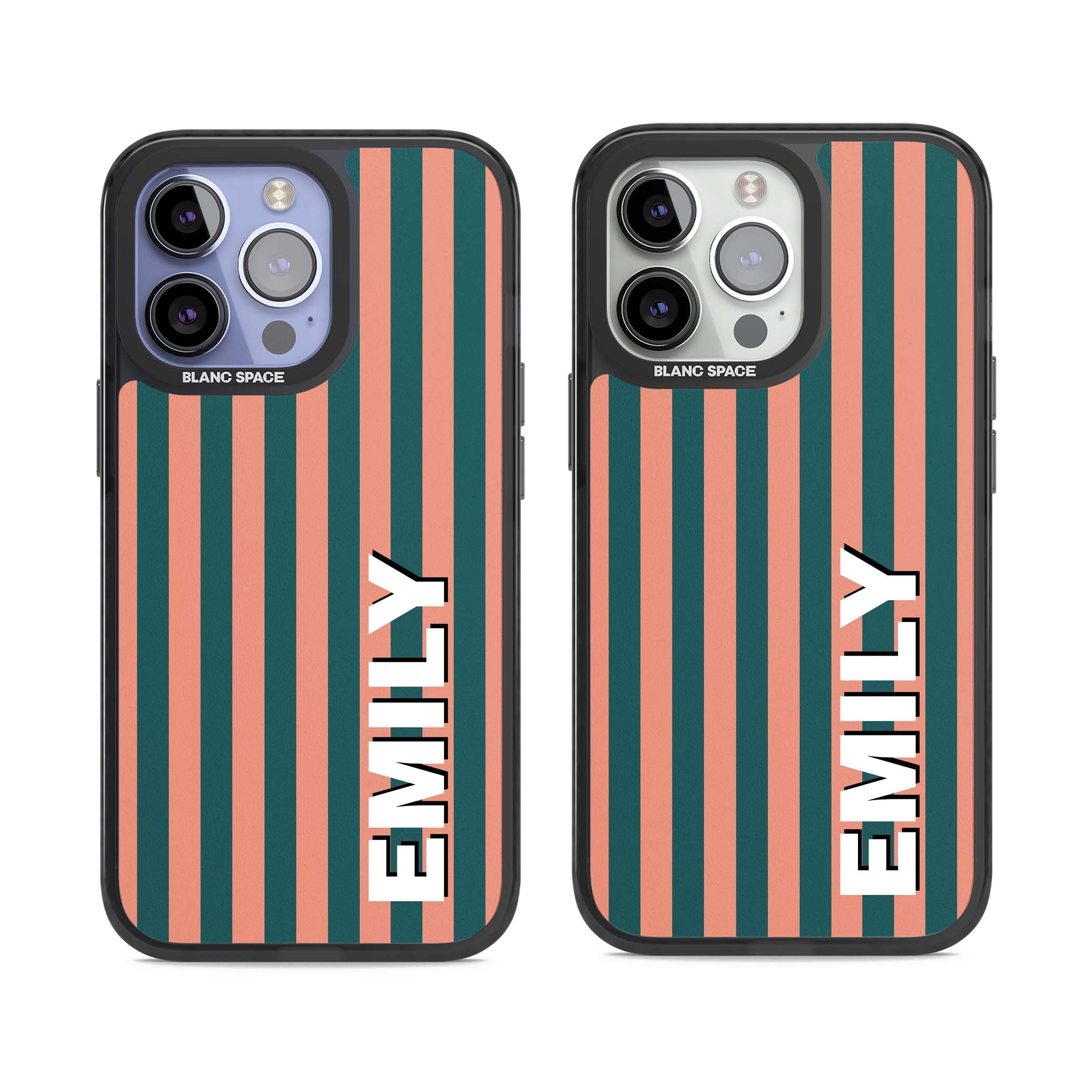 Tuscan Stripe personalised iPhone case featuring coral and green vertical stripes with bold custom name | Black Impact Magsafe case for iPhone 13 Pro, iPhone 14 Pro, iPhone 15 Pro