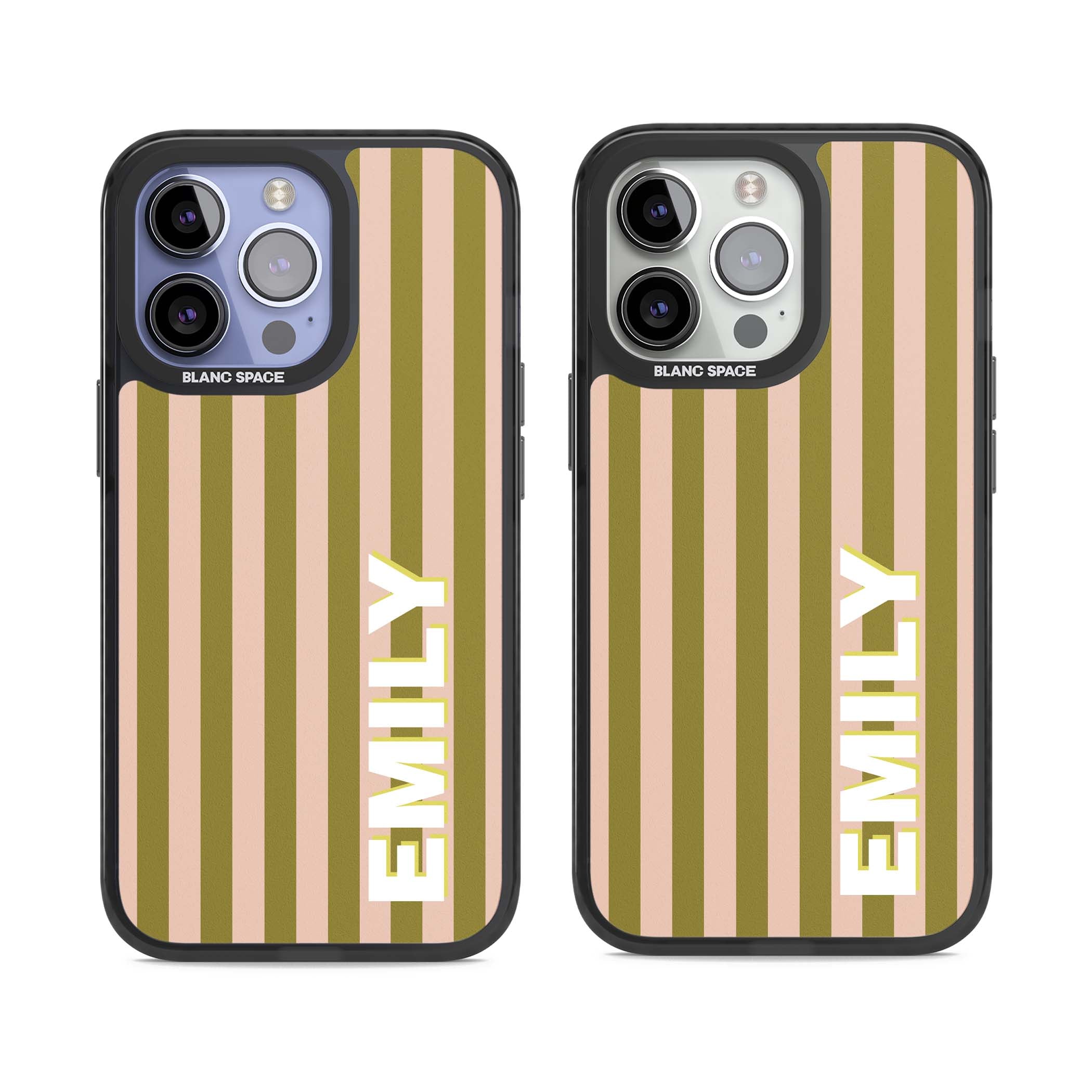 Indian Stripe personalised iPhone case featuring olive green and blush pink vertical stripes with custom name in whit | Black Impact Magsafe case for iPhone 13 Pro, iPhone 14 Pro, iPhone 15 Pro