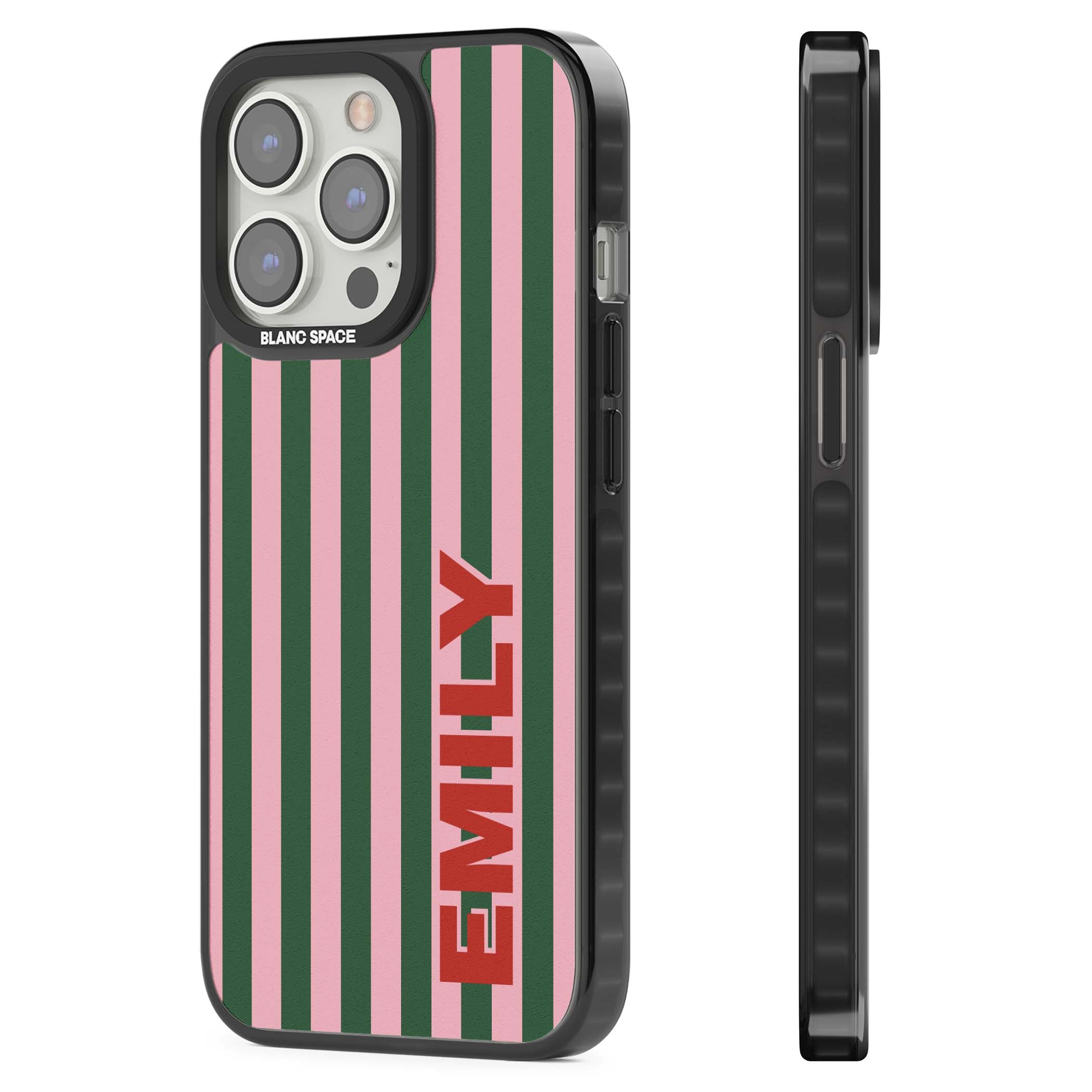 Italian Stripe preppy iPhone case featuring pink and green vertical stripes with personalised red name | Black Impact Magsafe case for iPhone 13 Pro, iPhone 14 Pro, iPhone 15 Pro