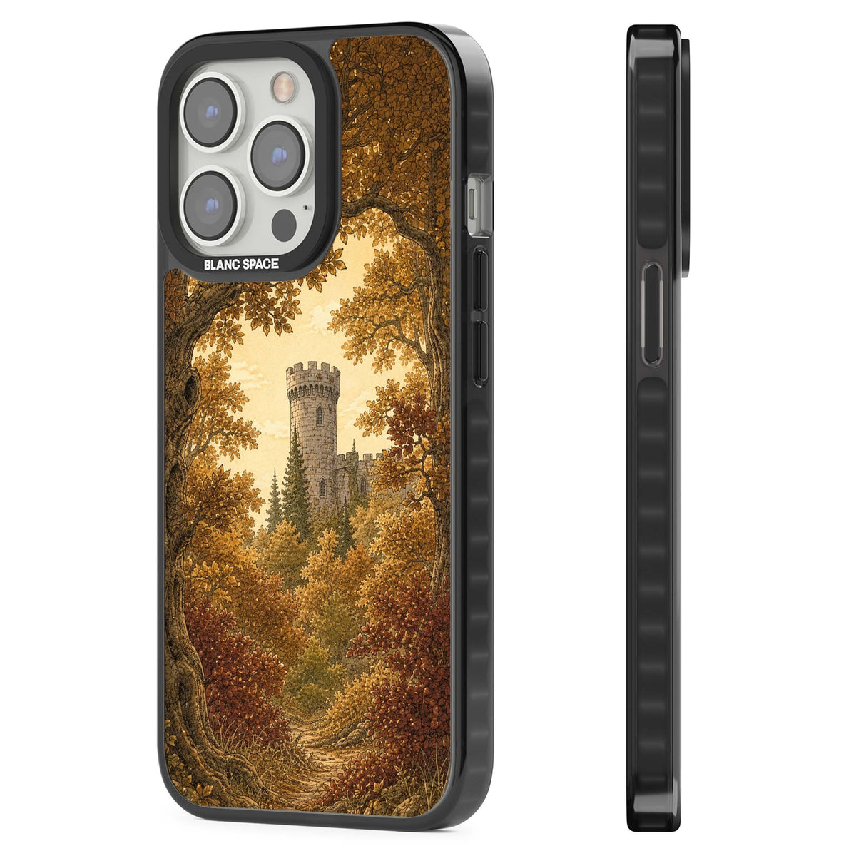 Autumn Keep cottagecore iPhone case featuring a medieval castle tower framed by golden autumn trees and woodland foliage | Black Impact Magsafe case for iPhone 13 Pro, iPhone 14 Pro, iPhone 15 Pro