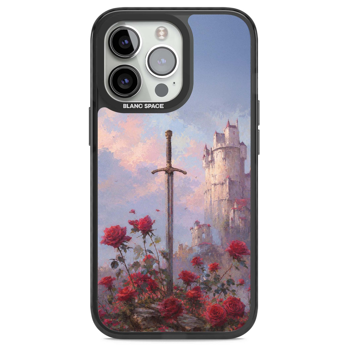 Sword in Roses medieval art iPhone case featuring a sword, red roses, and a misty fairytale castle at sunset | Black Impact Magsafe case for iPhone 13 Pro, iPhone 14 Pro, iPhone 15 Pro