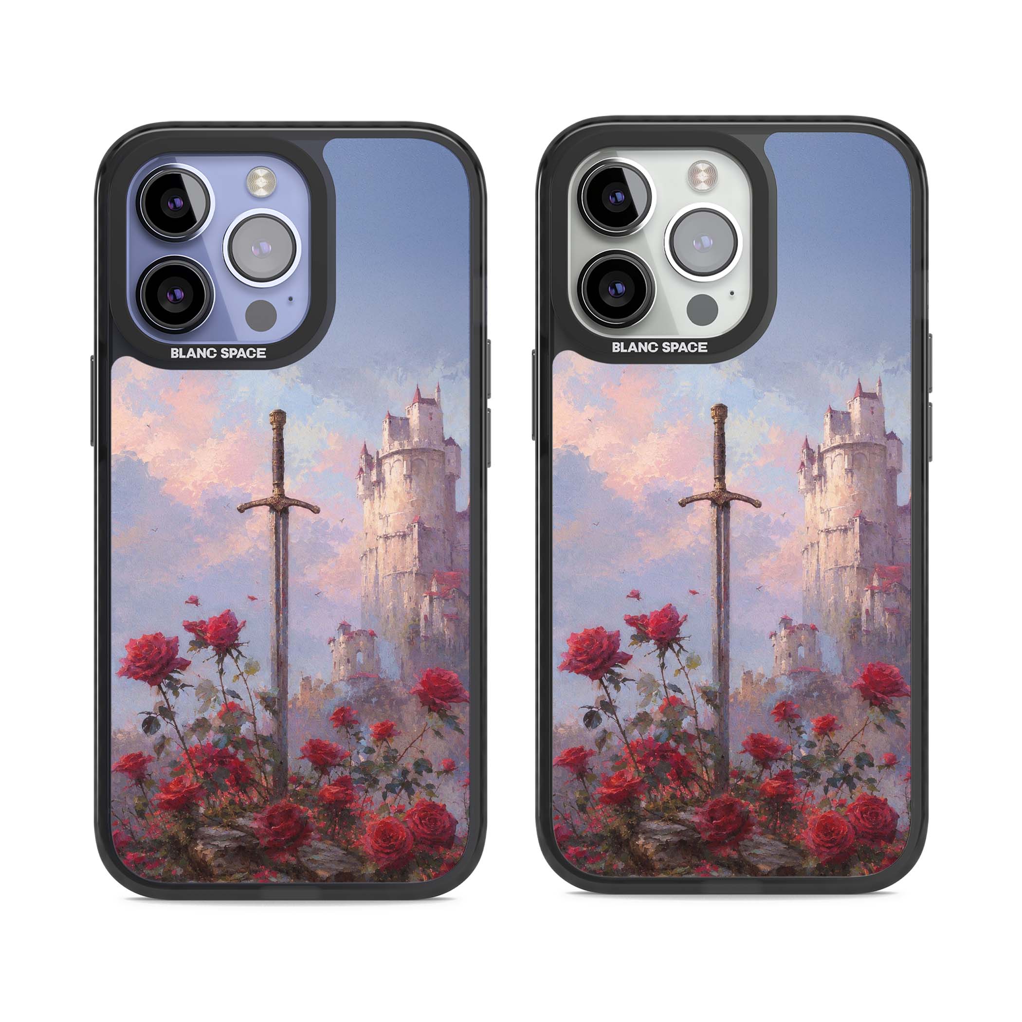 Sword in Roses medieval art iPhone case featuring a sword, red roses, and a misty fairytale castle at sunset | Black Impact Magsafe case for iPhone 13 Pro, iPhone 14 Pro, iPhone 15 Pro