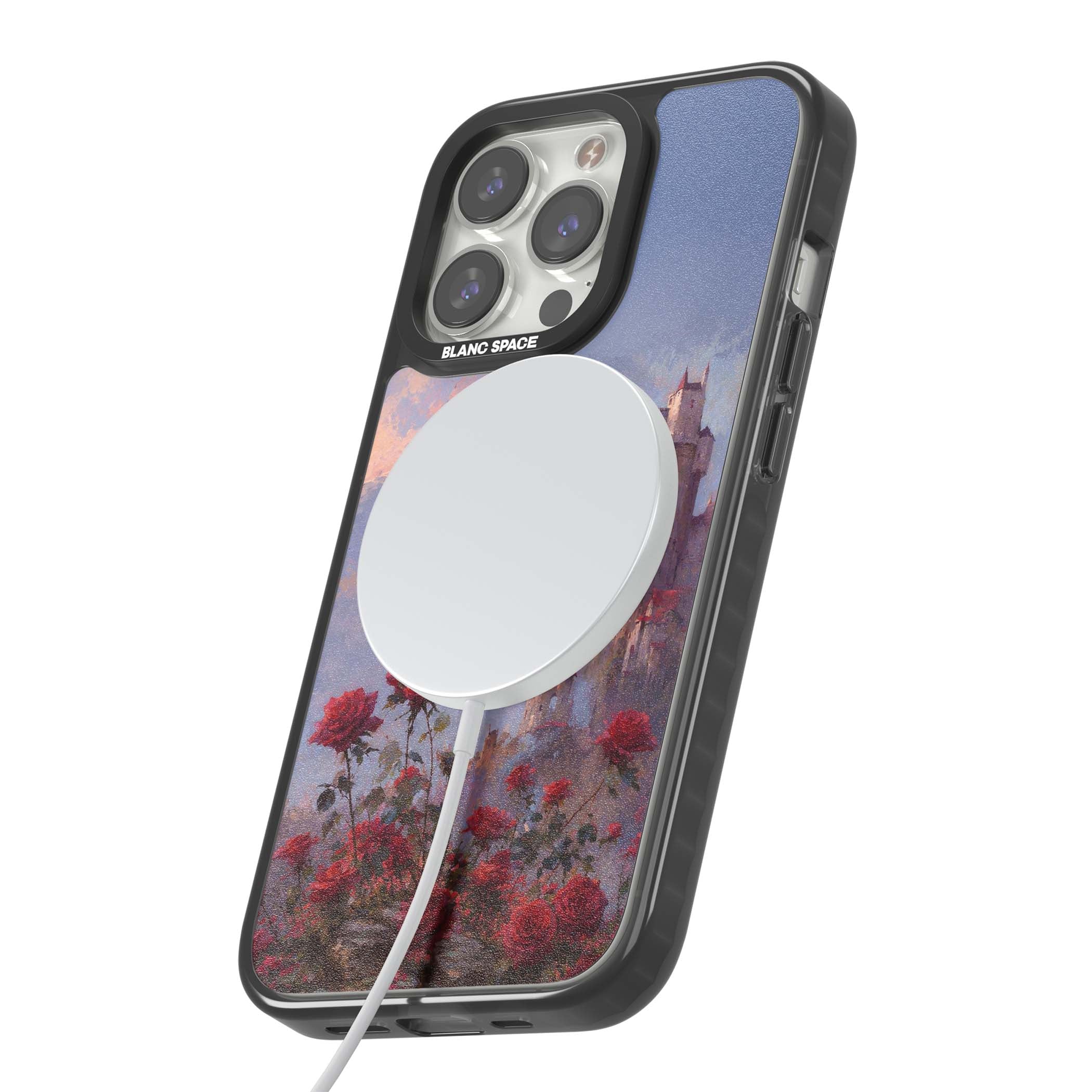 Sword in Roses medieval art iPhone case featuring a sword, red roses, and a misty fairytale castle at sunset | Black Impact Magsafe case for iPhone 13 Pro, iPhone 14 Pro, iPhone 15 Pro