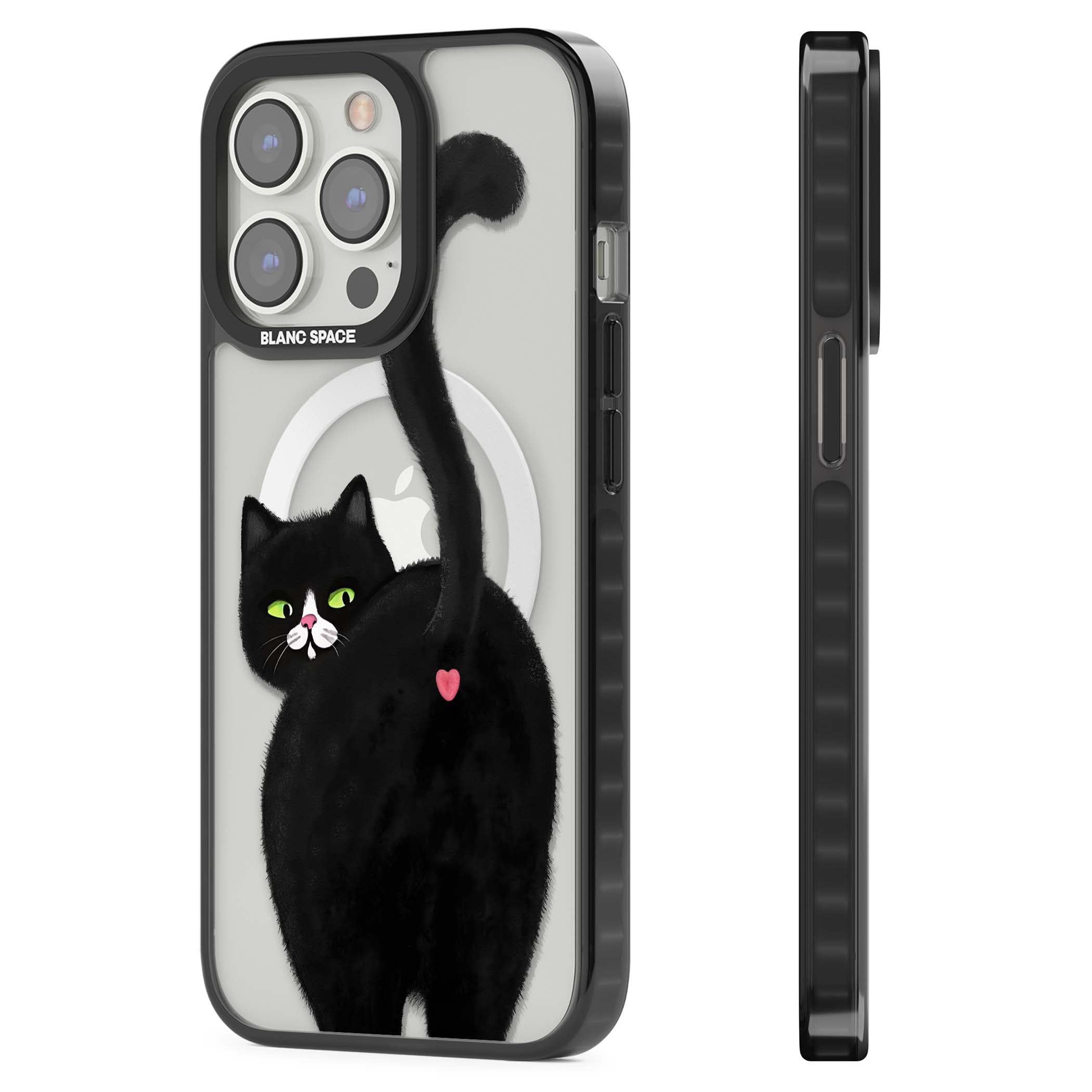 The Cat's Kiss cute cat iPhone case featuring a hand-painted tuxedo kitty with green eyes and a pink heart on a clear  | Black Impact Magsafe case for iPhone 13 Pro, iPhone 14 Pro, iPhone 15 Pro