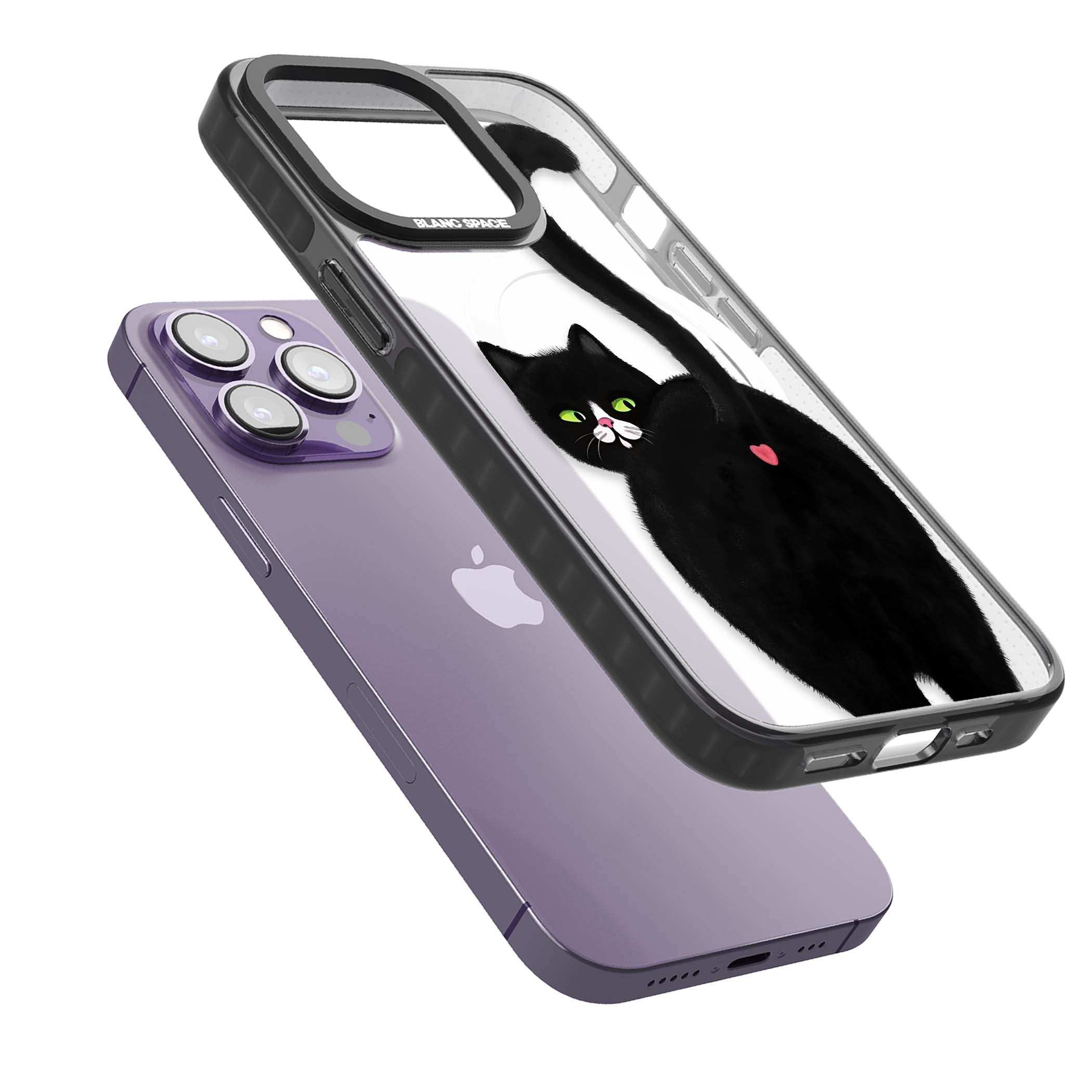 The Cat's Kiss cute cat iPhone case featuring a hand-painted tuxedo kitty with green eyes and a pink heart on a clear  | Black Impact Magsafe case for iPhone 13 Pro, iPhone 14 Pro, iPhone 15 Pro