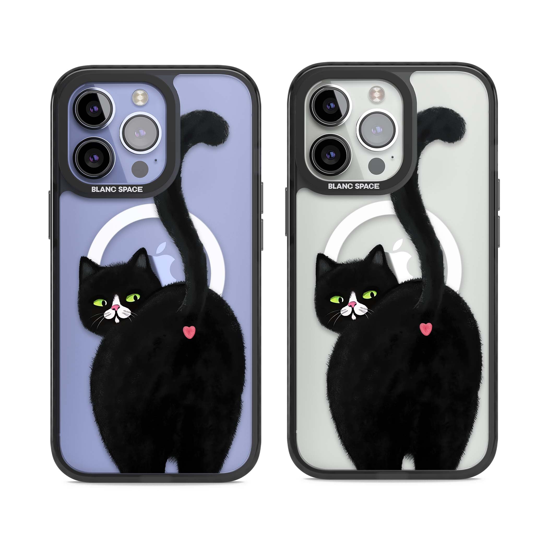 The Cat's Kiss cute cat iPhone case featuring a hand-painted tuxedo kitty with green eyes and a pink heart on a clear  | Black Impact Magsafe case for iPhone 13 Pro, iPhone 14 Pro, iPhone 15 Pro