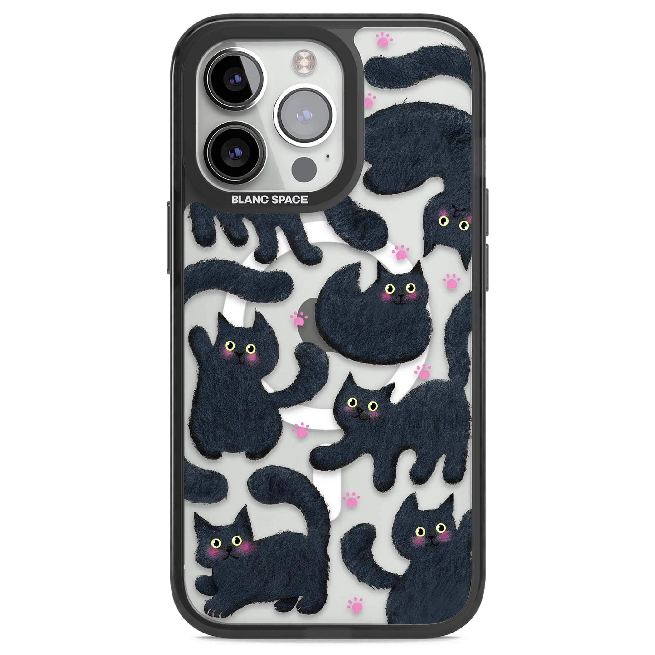 Midnight Cats cute iPhone case featuring black cat pattern with yellow eyes and pink paw prints | Black Impact Magsafe case for iPhone 13 Pro, iPhone 14 Pro, iPhone 15 Pro