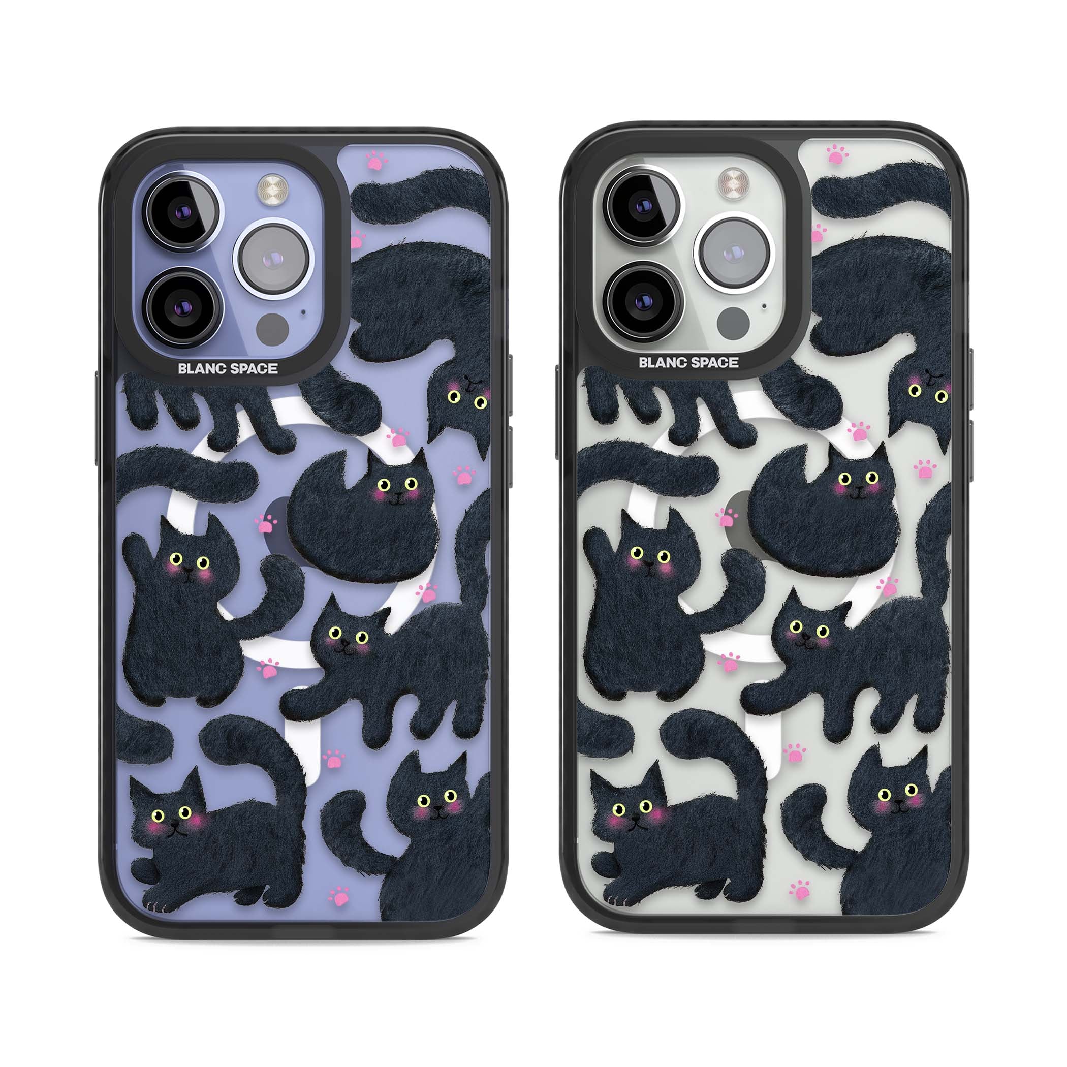 Midnight Cats cute iPhone case featuring black cat pattern with yellow eyes and pink paw prints | Black Impact Magsafe case for iPhone 13 Pro, iPhone 14 Pro, iPhone 15 Pro