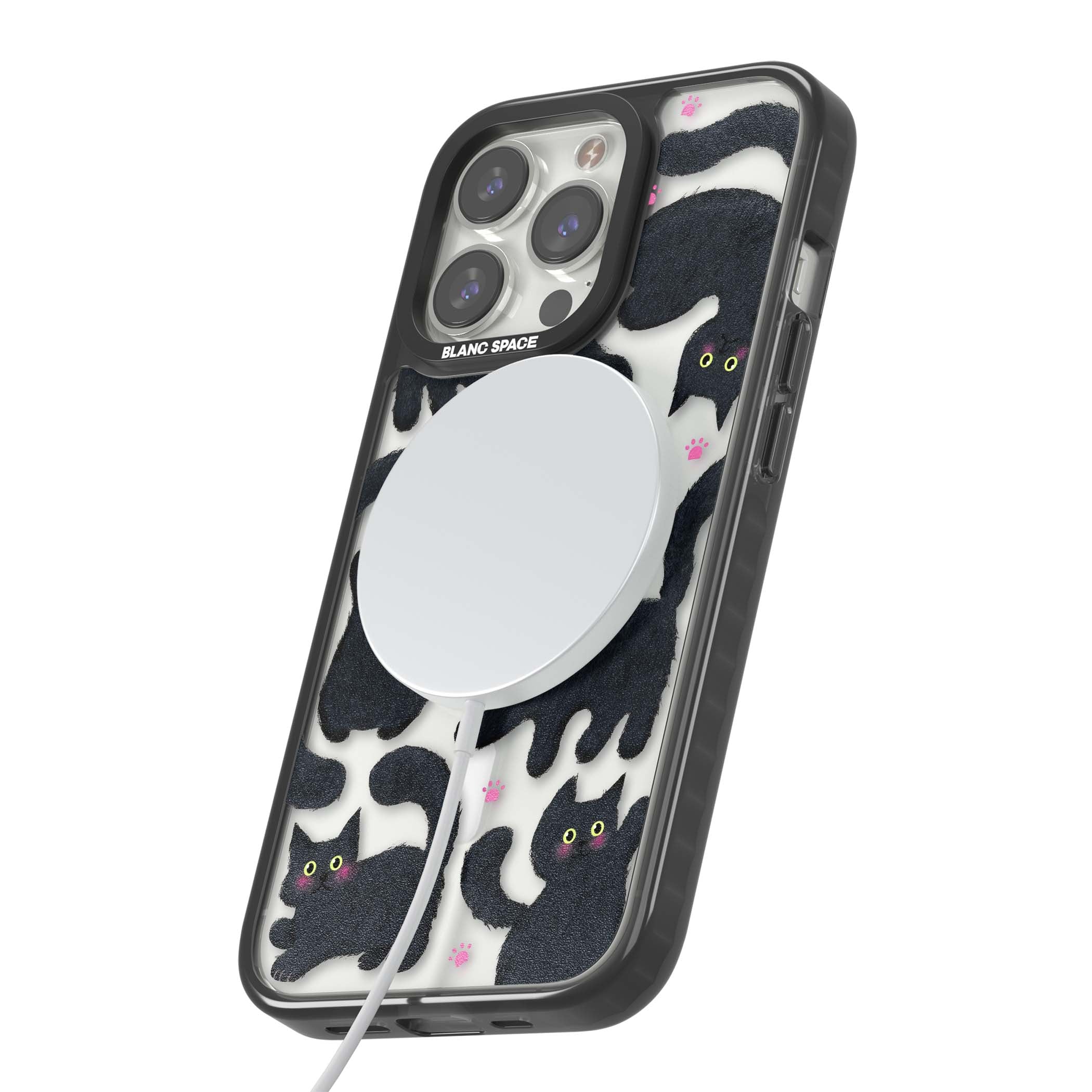 Midnight Cats cute iPhone case featuring black cat pattern with yellow eyes and pink paw prints | Black Impact Magsafe case for iPhone 13 Pro, iPhone 14 Pro, iPhone 15 Pro