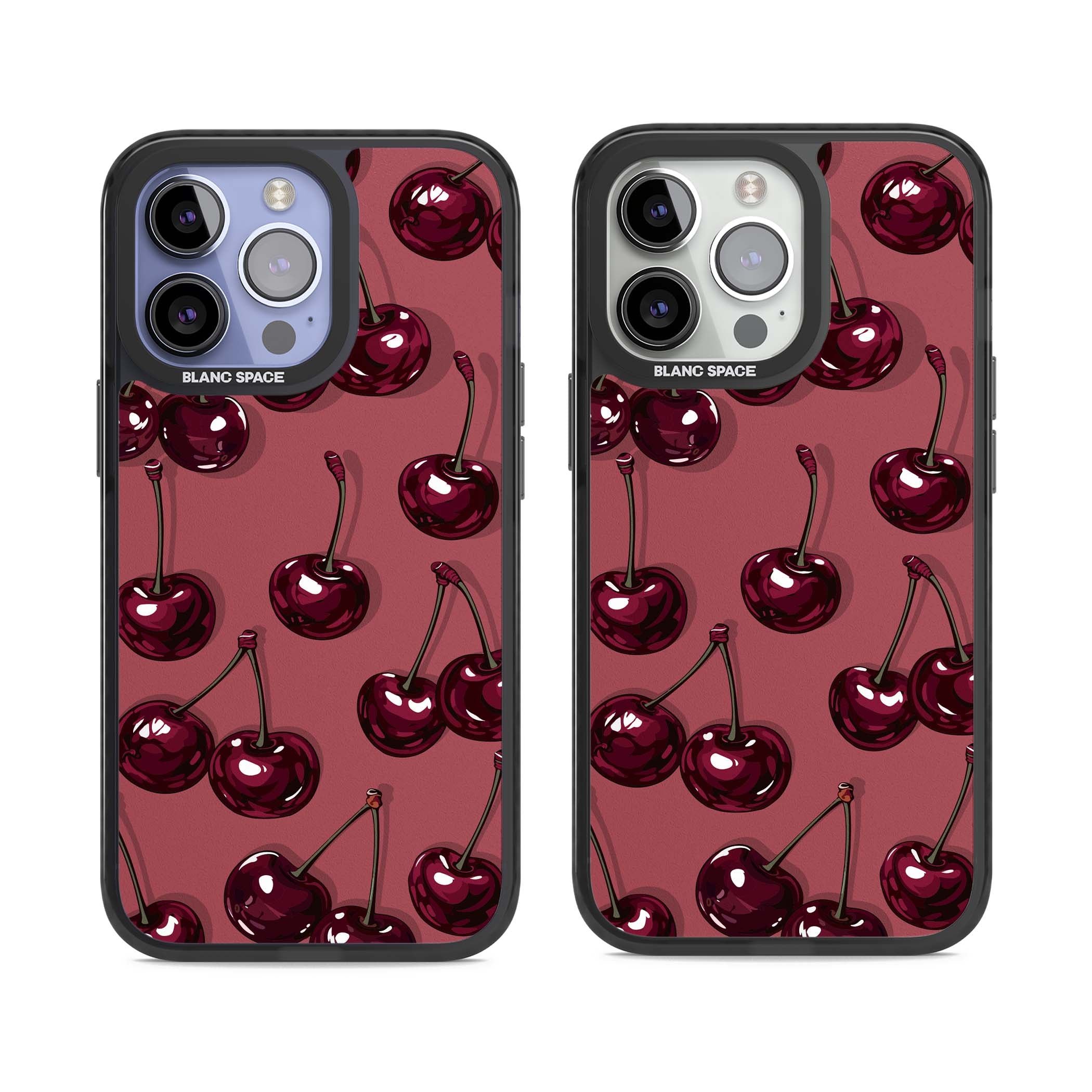 Cherry Rebel coquette iPhone case featuring glossy burgundy cherries on a dusty rose background | Black Impact Magsafe case for iPhone 13 Pro, iPhone 14 Pro, iPhone 15 Pro