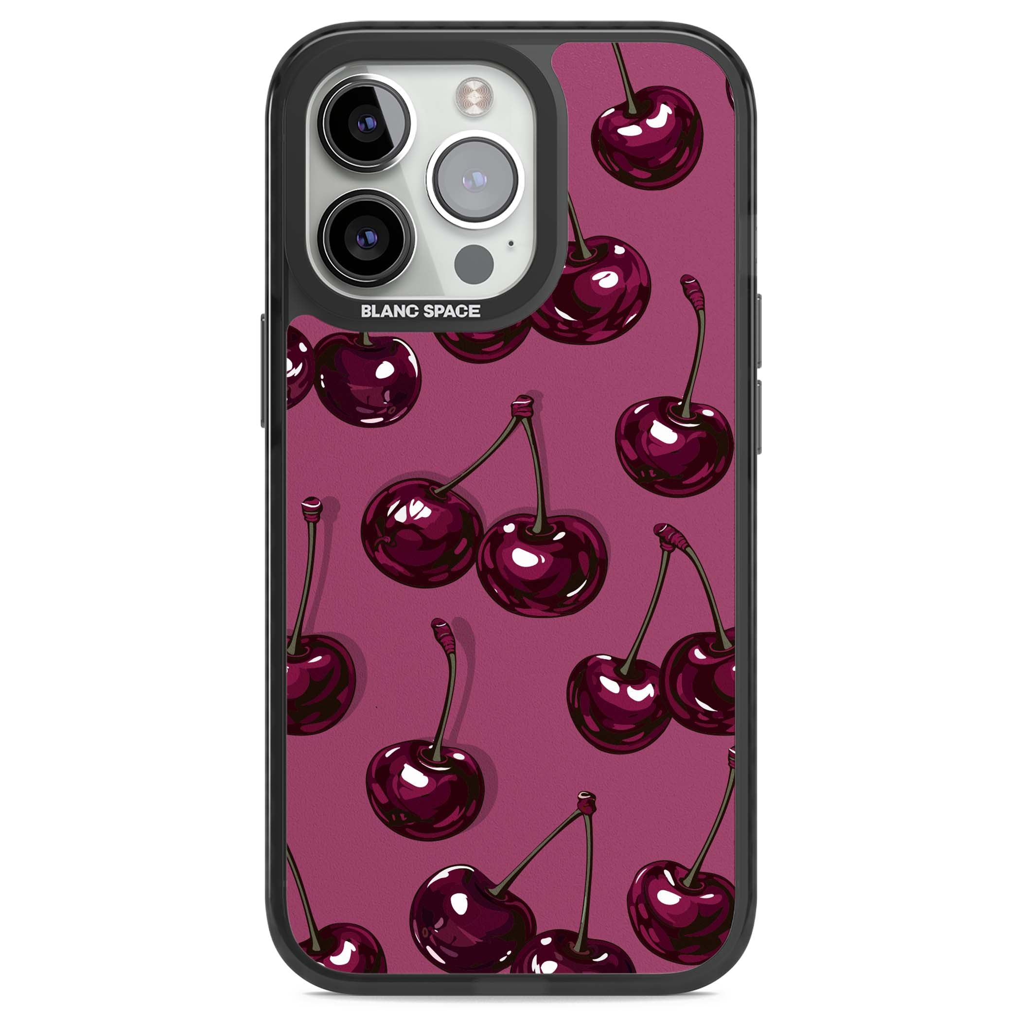 Cherry Soda coquette iPhone case featuring glossy burgundy cherries on a dusty pink background | Black Impact Magsafe case for iPhone 13 Pro, iPhone 14 Pro, iPhone 15 Pro