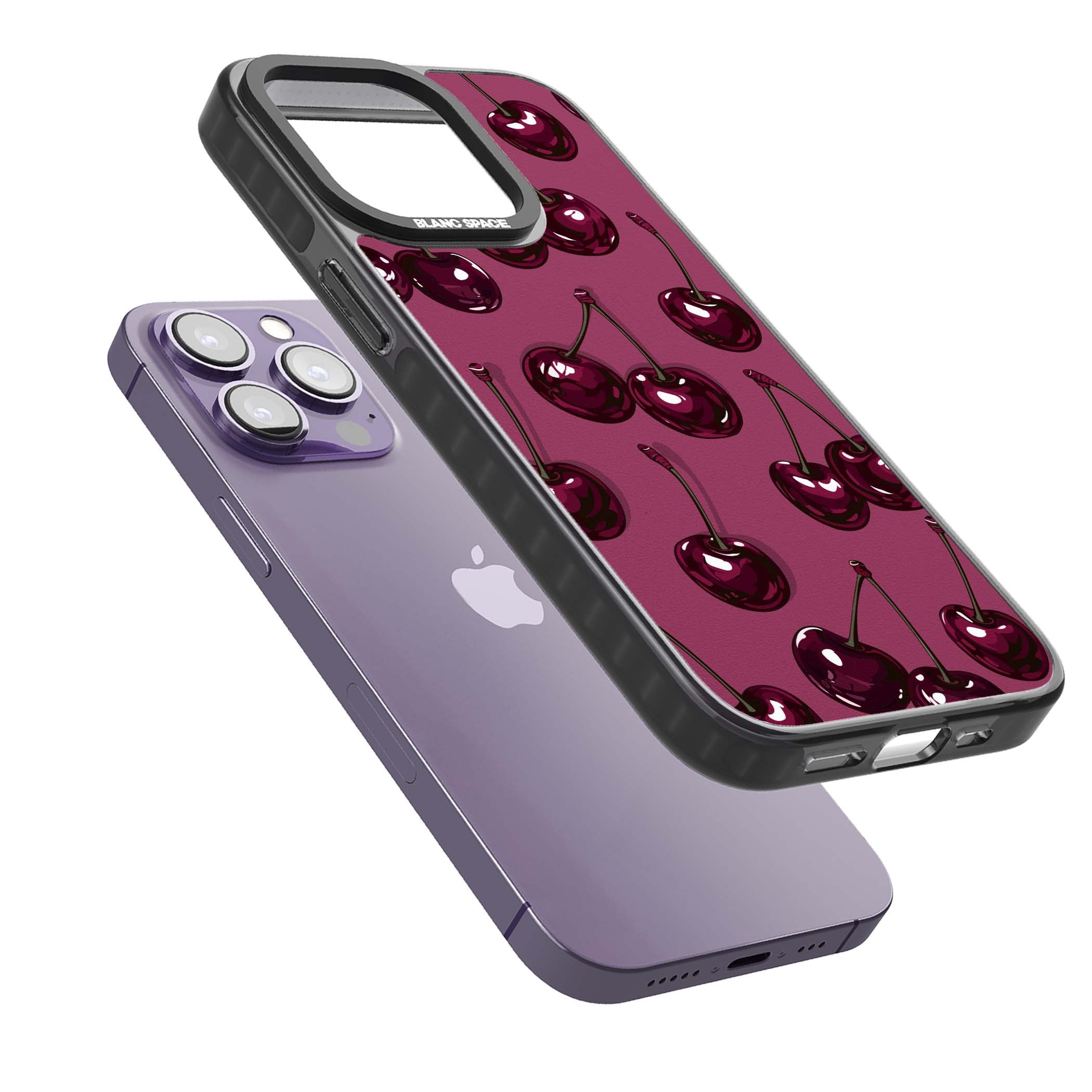 Cherry Soda coquette iPhone case featuring glossy burgundy cherries on a dusty pink background | Black Impact Magsafe case for iPhone 13 Pro, iPhone 14 Pro, iPhone 15 Pro