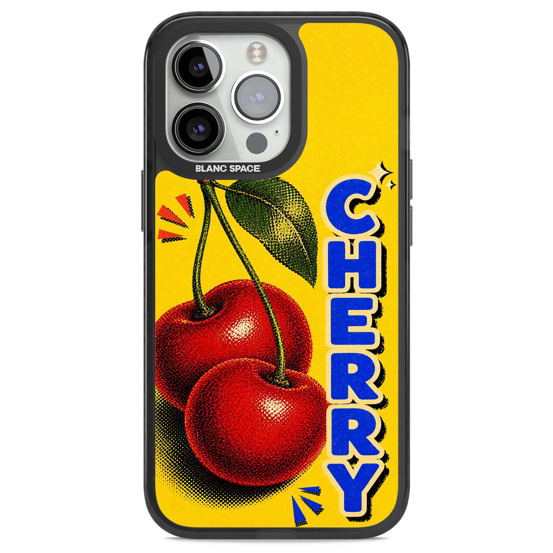 Cherry Yellow y2k iPhone case featuring two red cherries, halftone shading and bold blue CHERRY lettering on yellow | Black Impact Magsafe case for iPhone 13 Pro, iPhone 14 Pro, iPhone 15 Pro