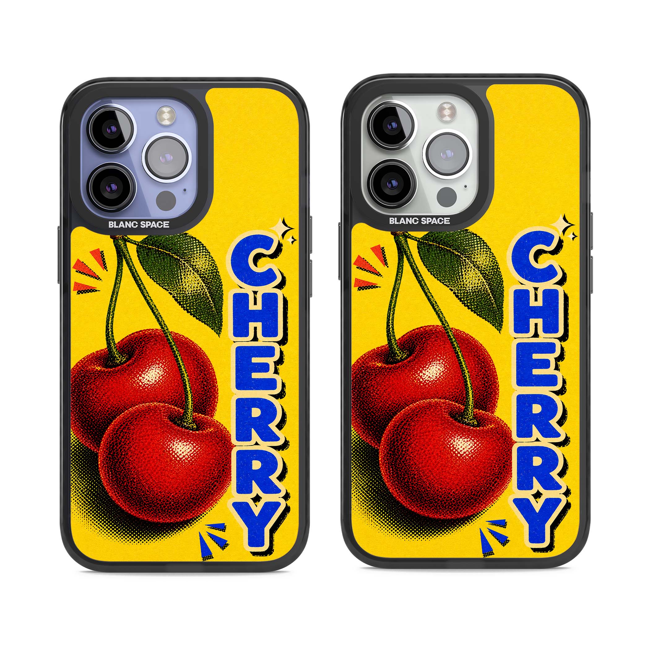 Cherry Yellow y2k iPhone case featuring two red cherries, halftone shading and bold blue CHERRY lettering on yellow | Black Impact Magsafe case for iPhone 13 Pro, iPhone 14 Pro, iPhone 15 Pro