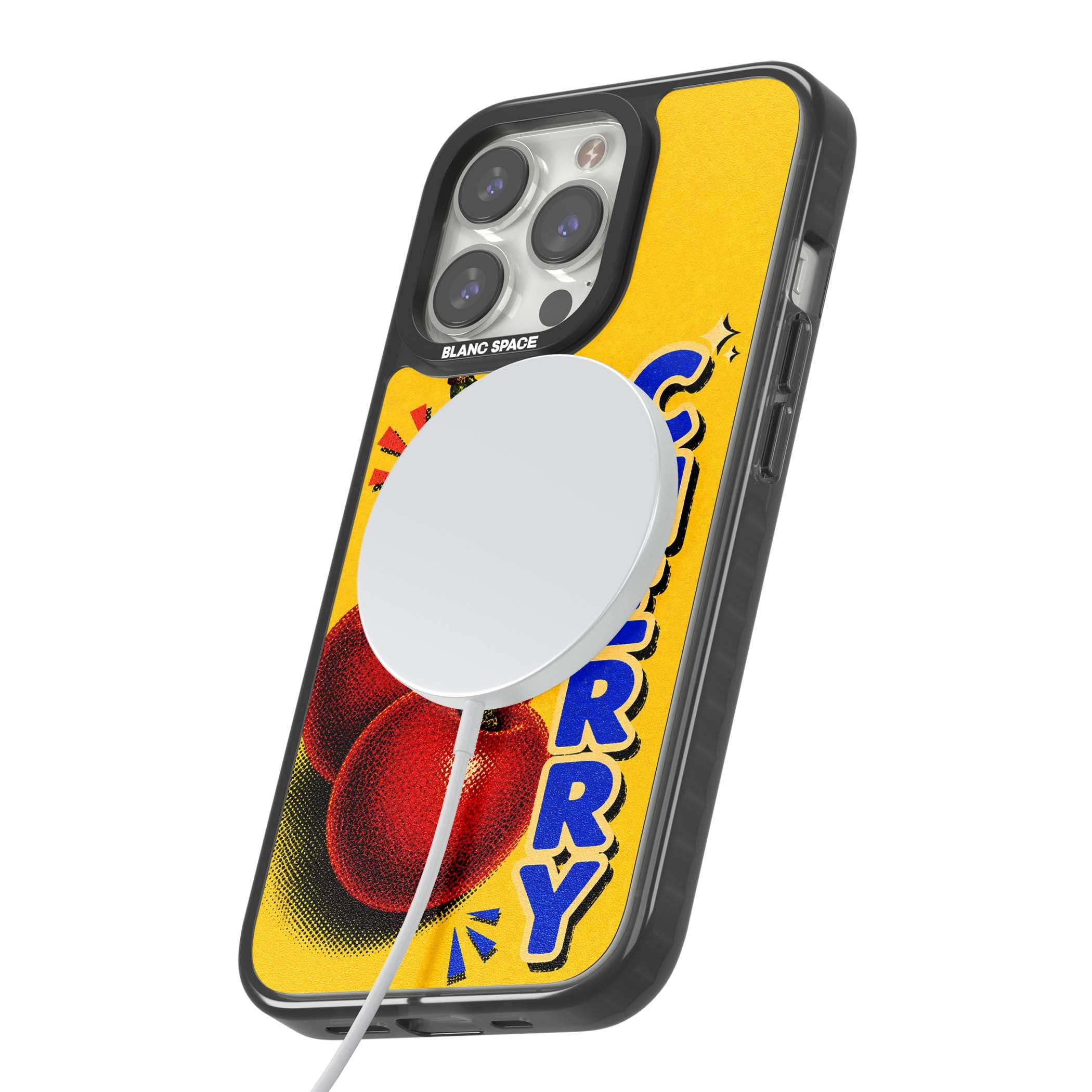 Cherry Yellow y2k iPhone case featuring two red cherries, halftone shading and bold blue CHERRY lettering on yellow | Black Impact Magsafe case for iPhone 13 Pro, iPhone 14 Pro, iPhone 15 Pro