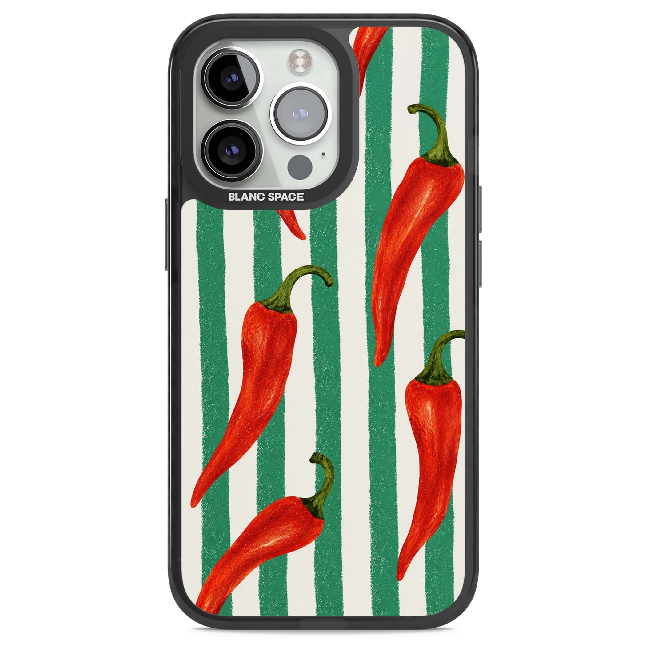 Striped Chillis coastal iPhone case featuring hand-painted red chili peppers on green and cream stripes | Black Impact Magsafe case for iPhone 13 Pro, iPhone 14 Pro, iPhone 15 Pro