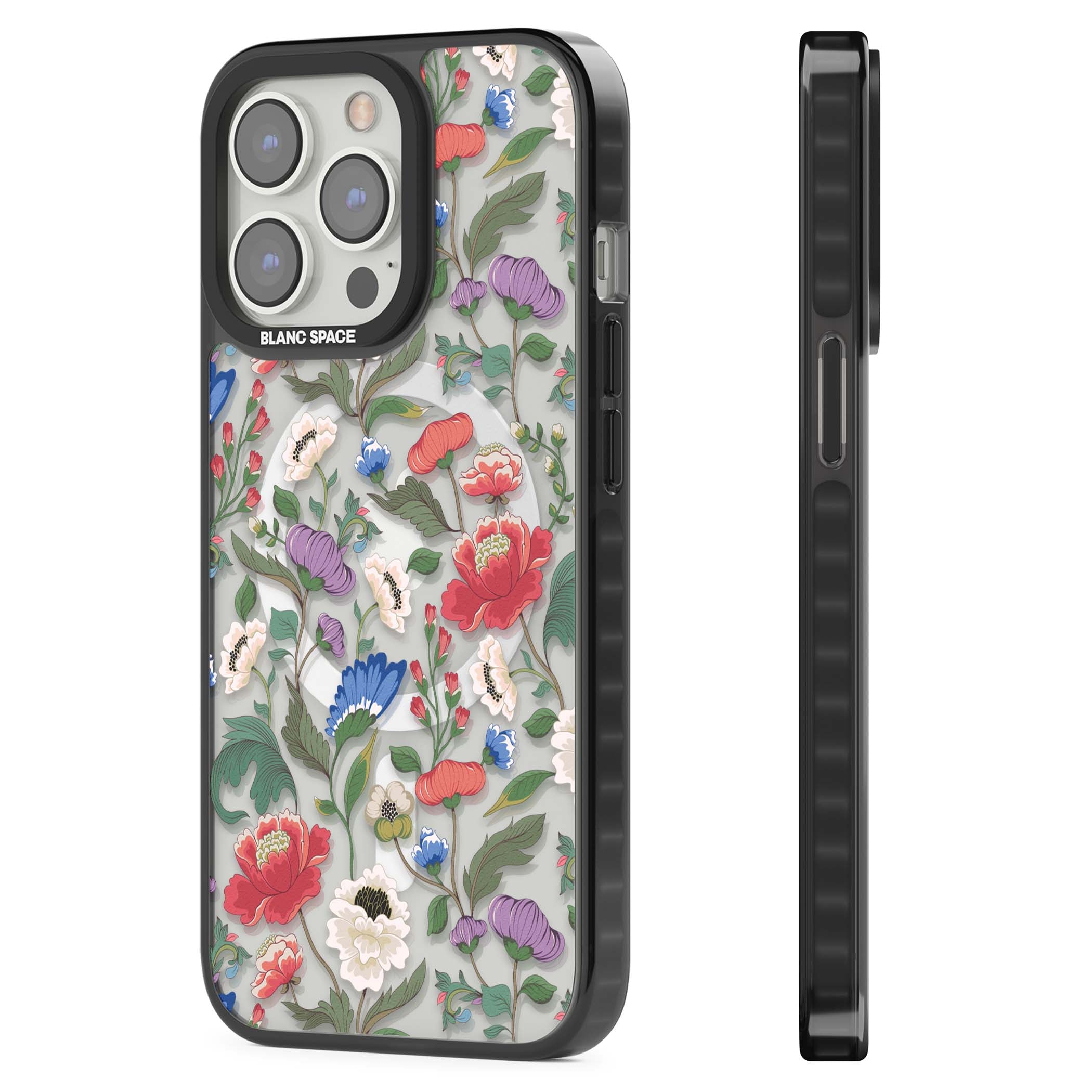 Chinoiserie Bloom vintage floral iPhone case featuring hand-painted peonies, poppies and trailing wildflowers on clear... | Black Impact Magsafe case for iPhone 13 Pro, iPhone 14 Pro, iPhone 15 Pro