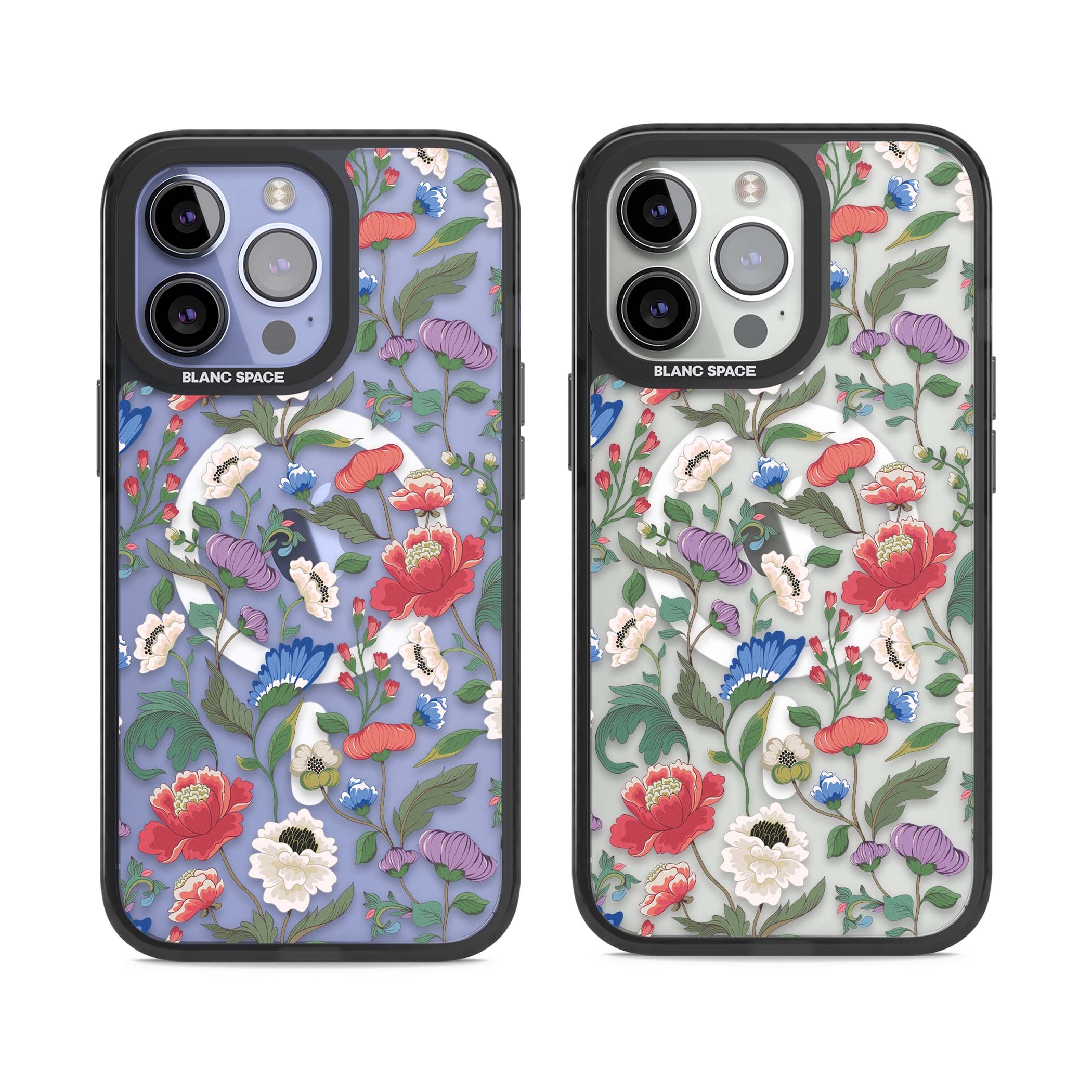 Chinoiserie Bloom vintage floral iPhone case featuring hand-painted peonies, poppies and trailing wildflowers on clear... | Black Impact Magsafe case for iPhone 13 Pro, iPhone 14 Pro, iPhone 15 Pro