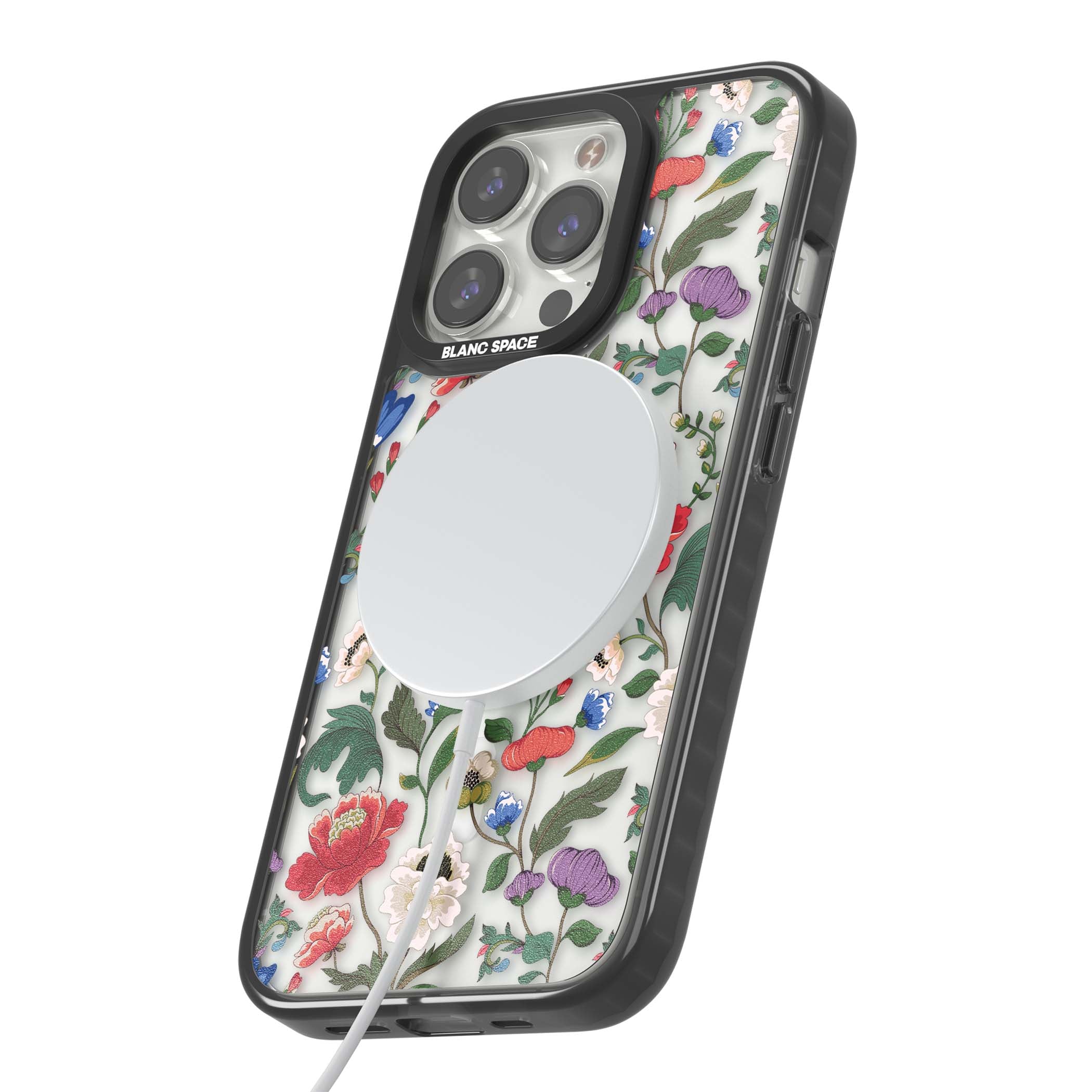 Chinoiserie Bloom vintage floral iPhone case featuring hand-painted peonies, poppies and trailing wildflowers on clear... | Black Impact Magsafe case for iPhone 13 Pro, iPhone 14 Pro, iPhone 15 Pro
