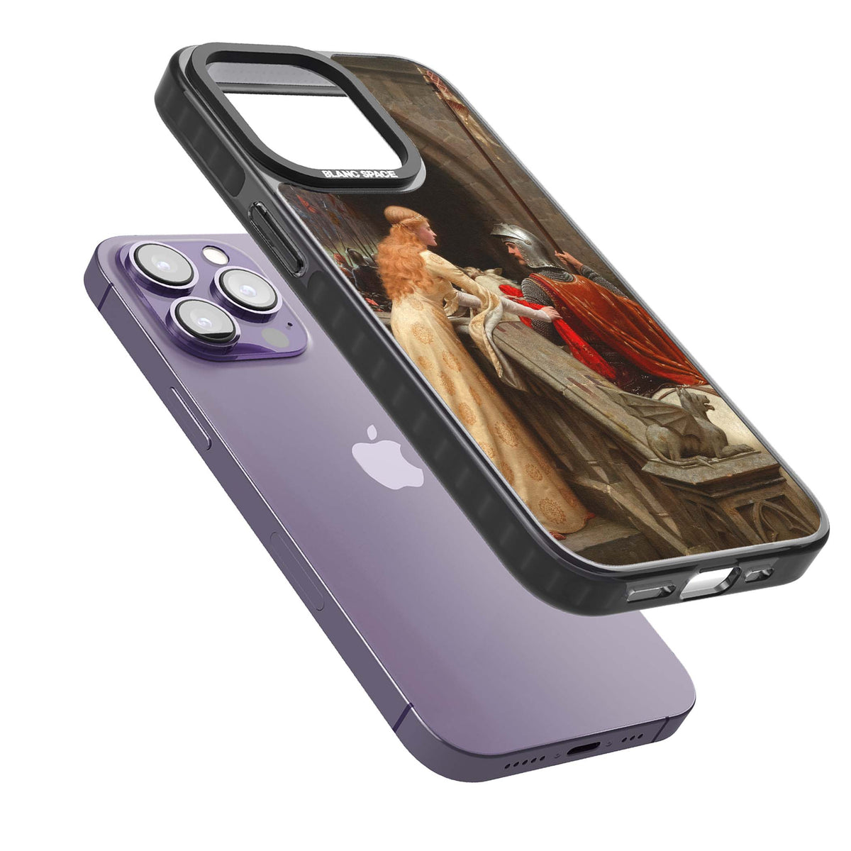 God Speed fine art iPhone case featuring Edmund Blair Leighton's medieval knight and lady beneath a stone archway | Black Impact Magsafe case for iPhone 13 Pro, iPhone 14 Pro, iPhone 15 Pro