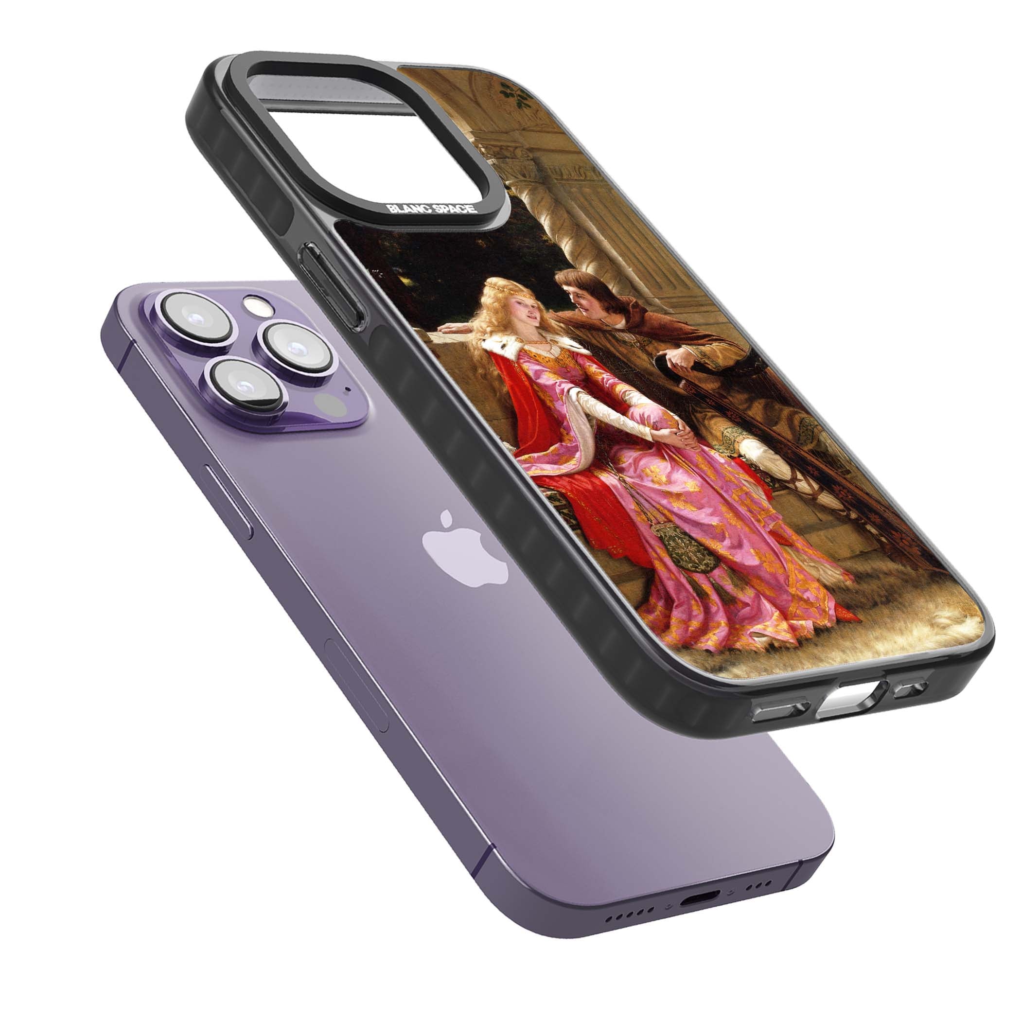 The End of the Song classic art iPhone case featuring a medieval lady in pink gown and her knight in a stone archway | Black Impact Magsafe case for iPhone 13 Pro, iPhone 14 Pro, iPhone 15 Pro