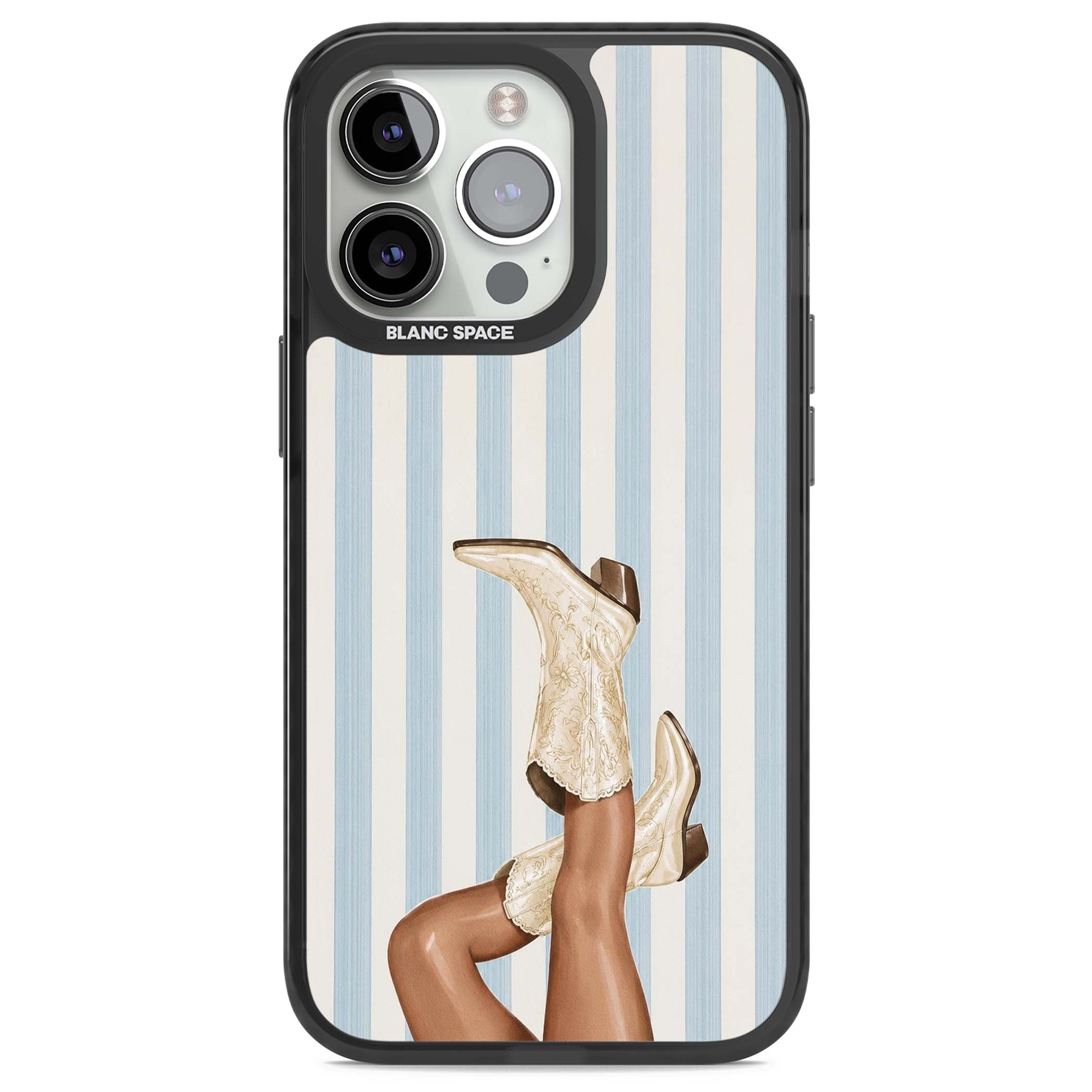 Cowgirl Boots coastal cowgirl iPhone case featuring embroidered western boots, tanned legs and a blue stripe backdrop | Black Impact Magsafe case for iPhone 13 Pro, iPhone 14 Pro, iPhone 15 Pro