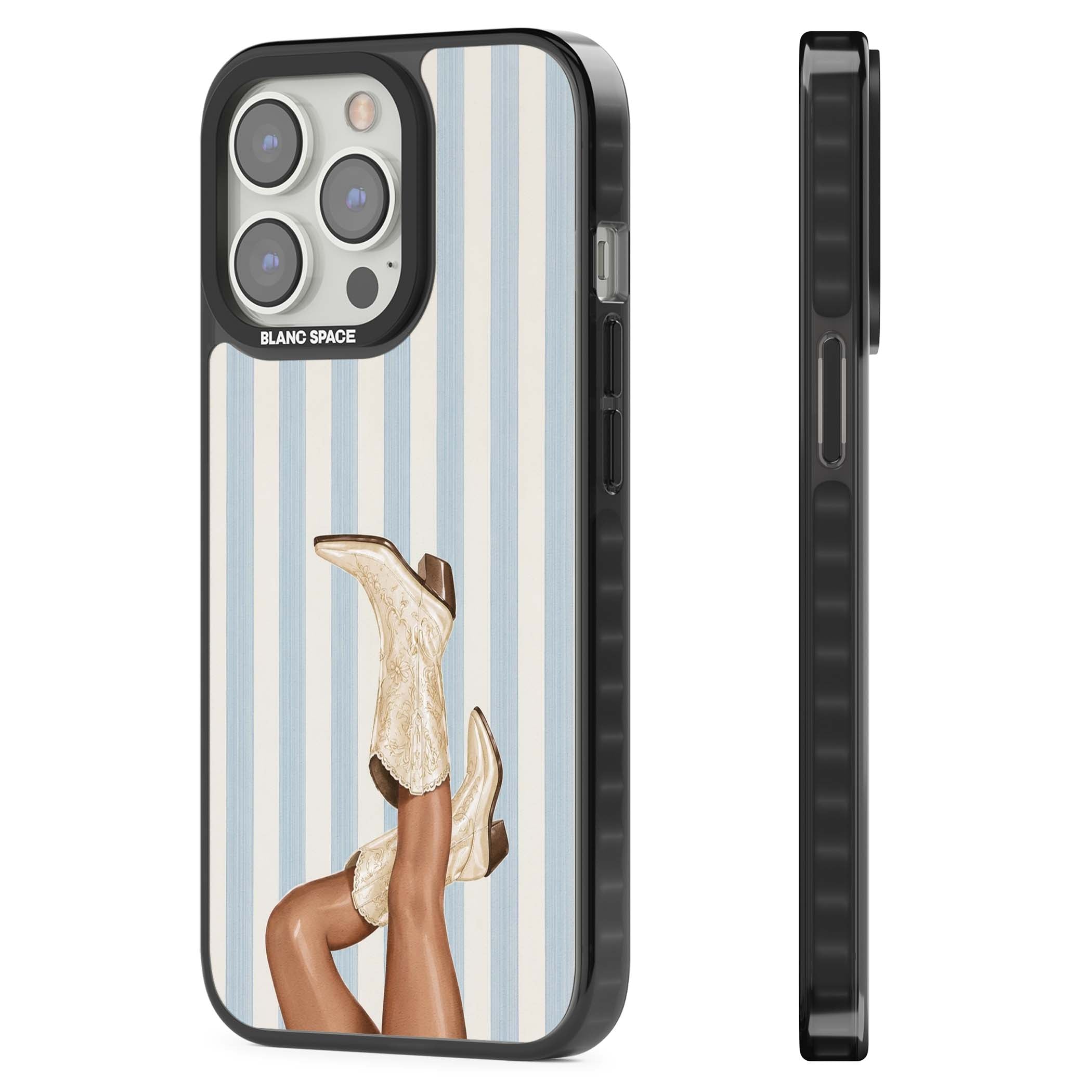 Cowgirl Boots coastal cowgirl iPhone case featuring embroidered western boots, tanned legs and a blue stripe backdrop | Black Impact Magsafe case for iPhone 13 Pro, iPhone 14 Pro, iPhone 15 Pro