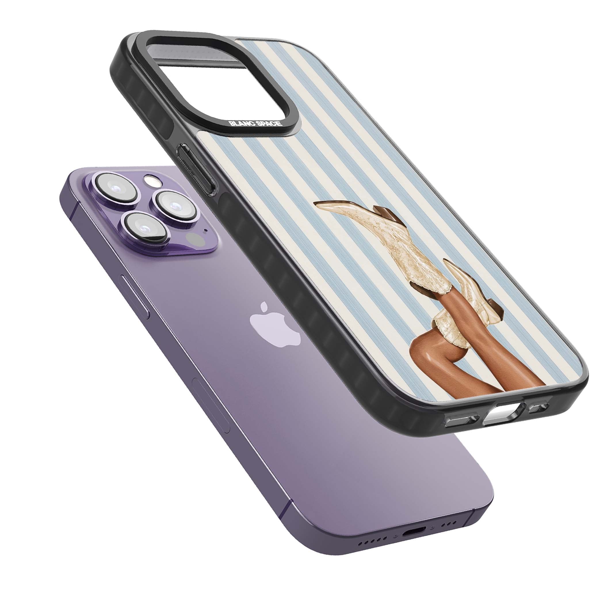 Cowgirl Boots coastal cowgirl iPhone case featuring embroidered western boots, tanned legs and a blue stripe backdrop | Black Impact Magsafe case for iPhone 13 Pro, iPhone 14 Pro, iPhone 15 Pro