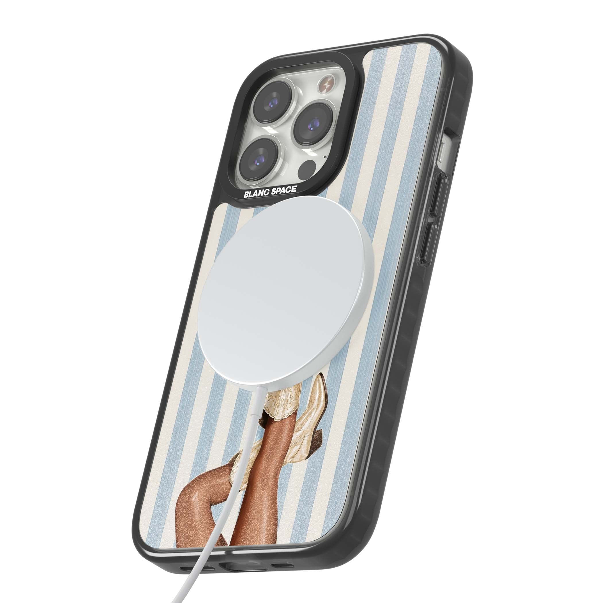 Cowgirl Boots coastal cowgirl iPhone case featuring embroidered western boots, tanned legs and a blue stripe backdrop | Black Impact Magsafe case for iPhone 13 Pro, iPhone 14 Pro, iPhone 15 Pro
