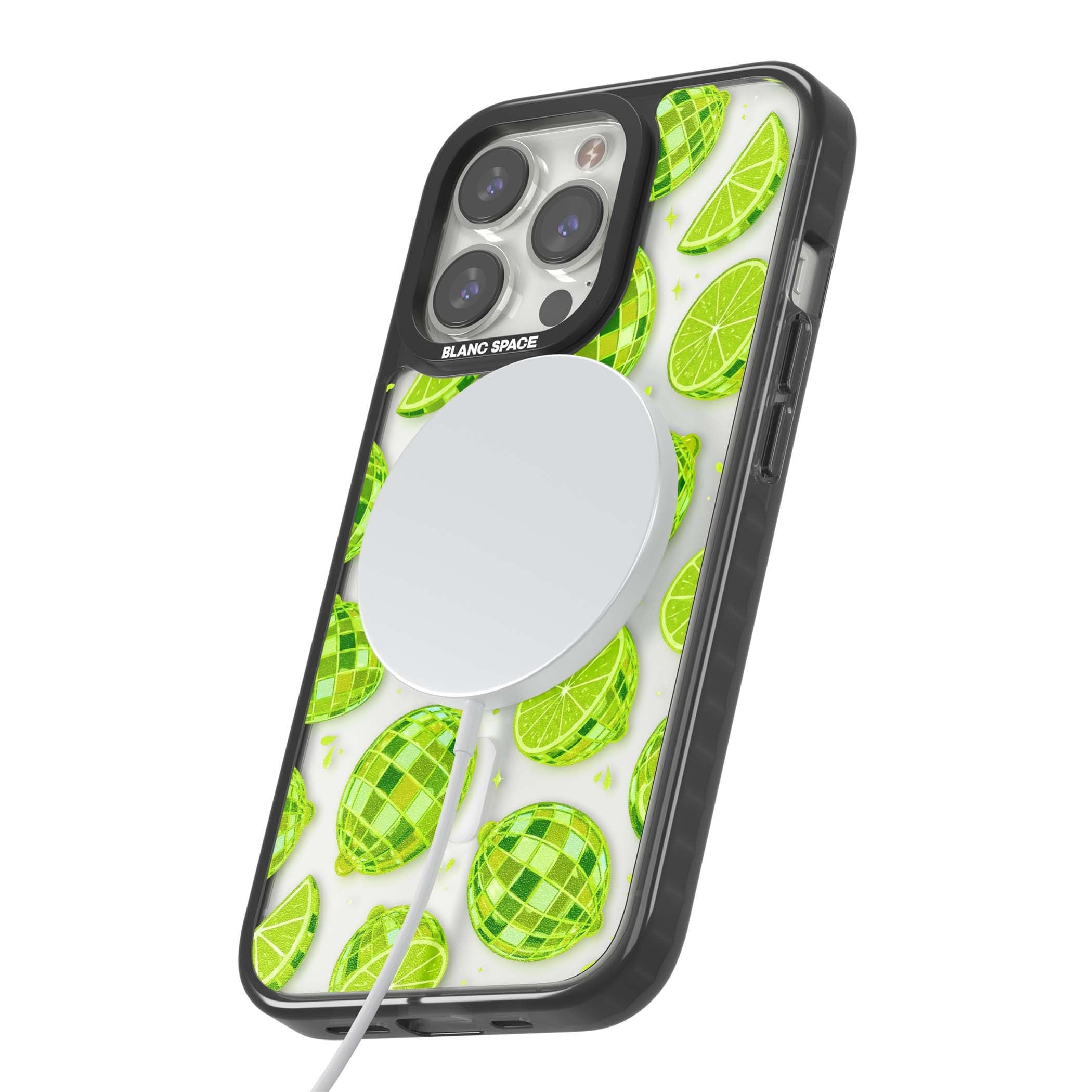Disco Limes fruit aesthetic iPhone case featuring green disco balls, lime slices and citrus sparkles | Black Impact Magsafe case for iPhone 13 Pro, iPhone 14 Pro, iPhone 15 Pro