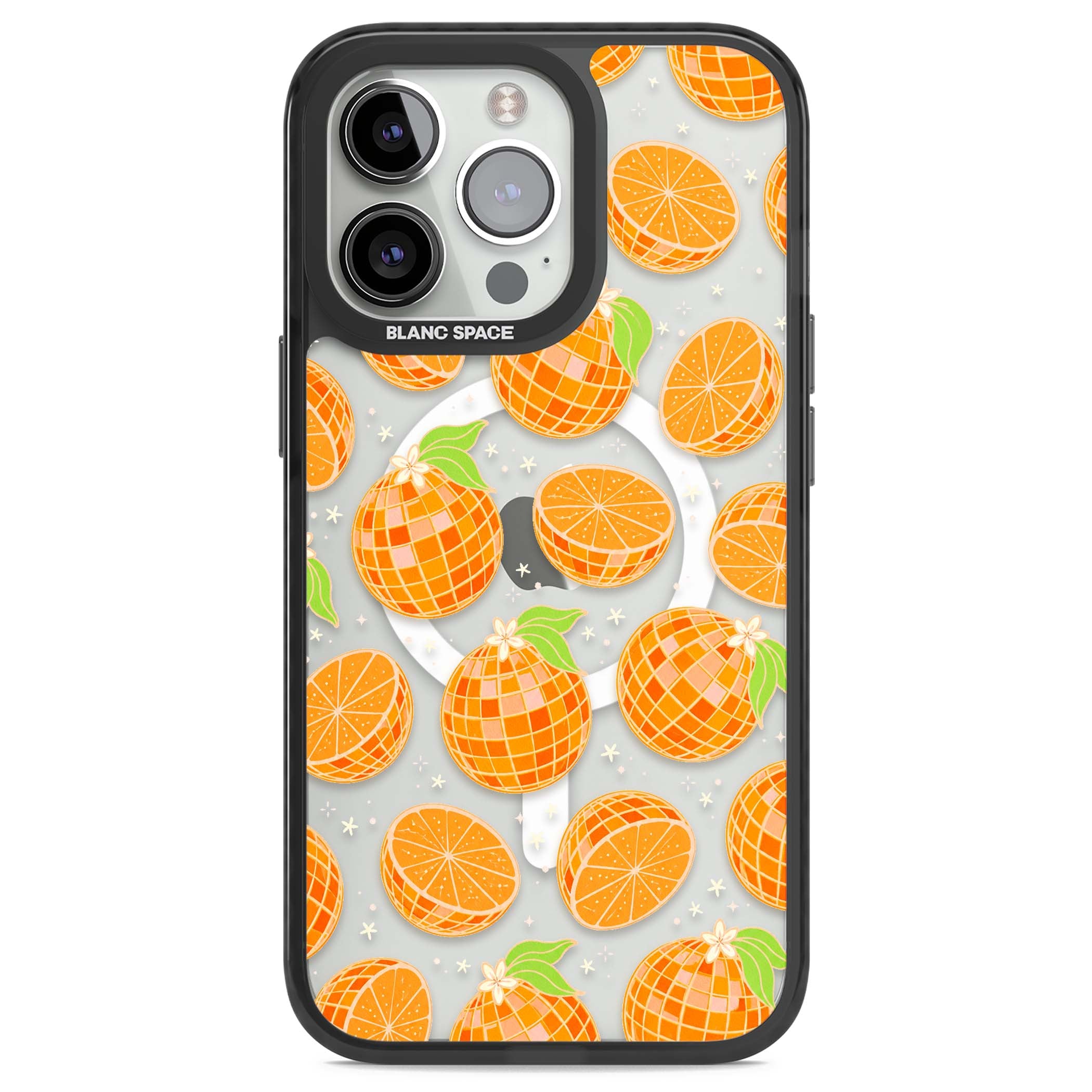Disco Oranges retro iPhone case featuring mirrorball oranges, citrus slices and tiny blossoms on clear | Black Impact Magsafe case for iPhone 13 Pro, iPhone 14 Pro, iPhone 15 Pro