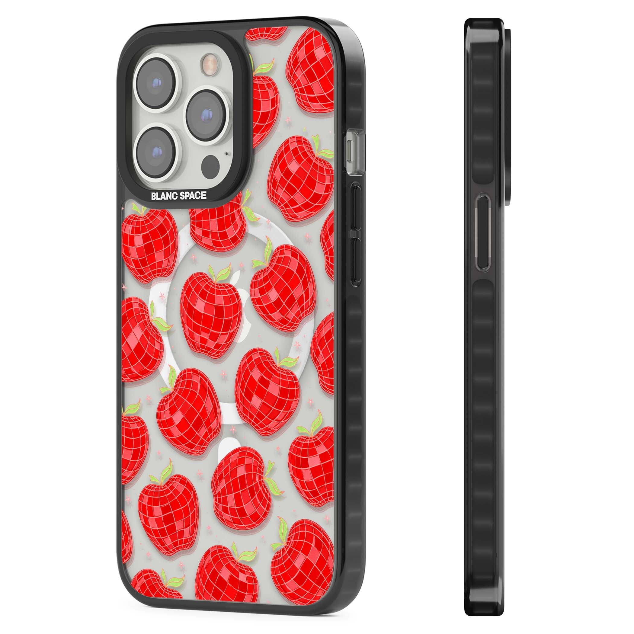 Disco Apples Y2K iPhone case featuring red disco ball apples, green leaves and pink sparkles on clear | Black Impact Magsafe case for iPhone 13 Pro, iPhone 14 Pro, iPhone 15 Pro