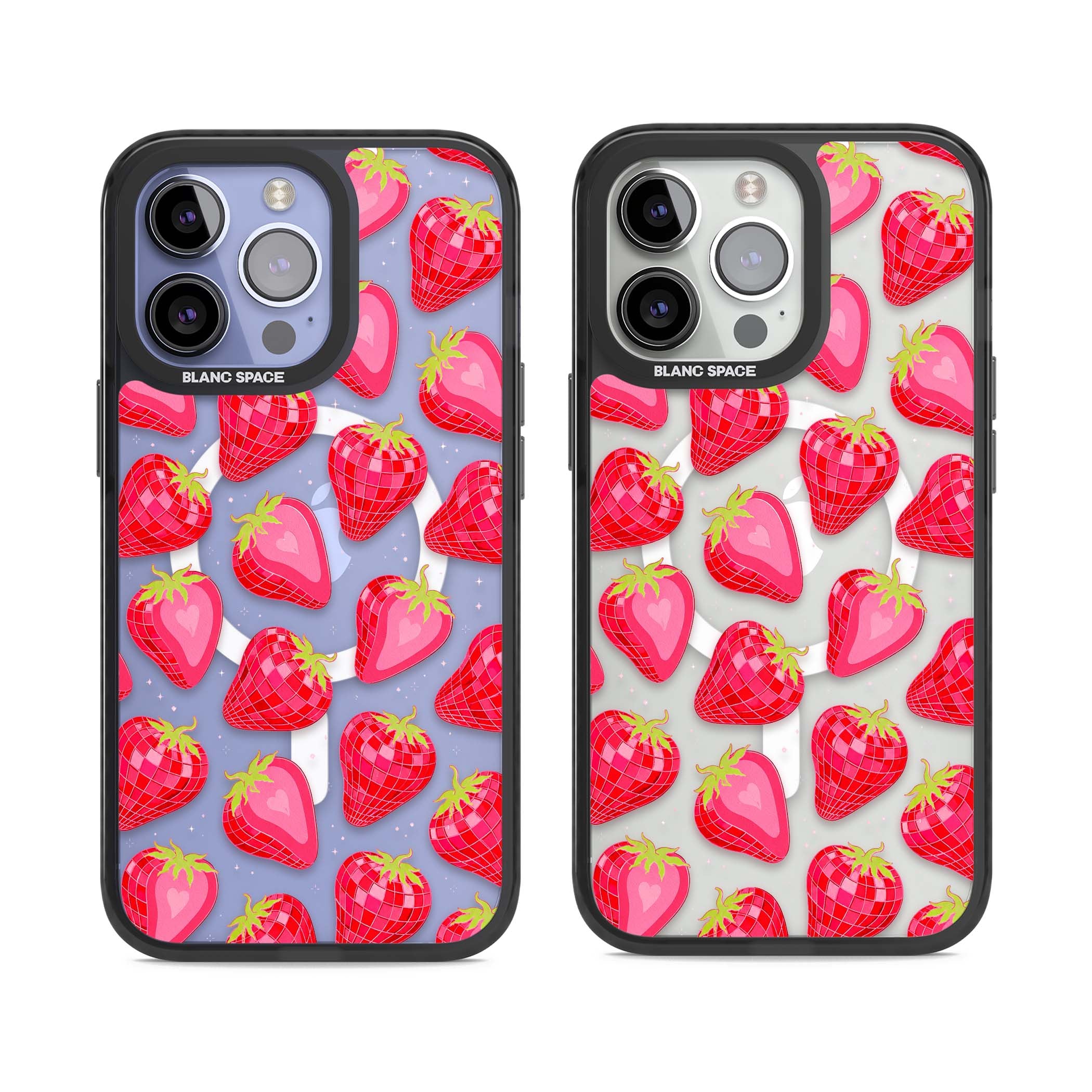 Disco Strawberry Y2K iPhone case featuring pink disco-ball strawberries, green leaves and tiny sparkles | Black Impact Magsafe case for iPhone 13 Pro, iPhone 14 Pro, iPhone 15 Pro