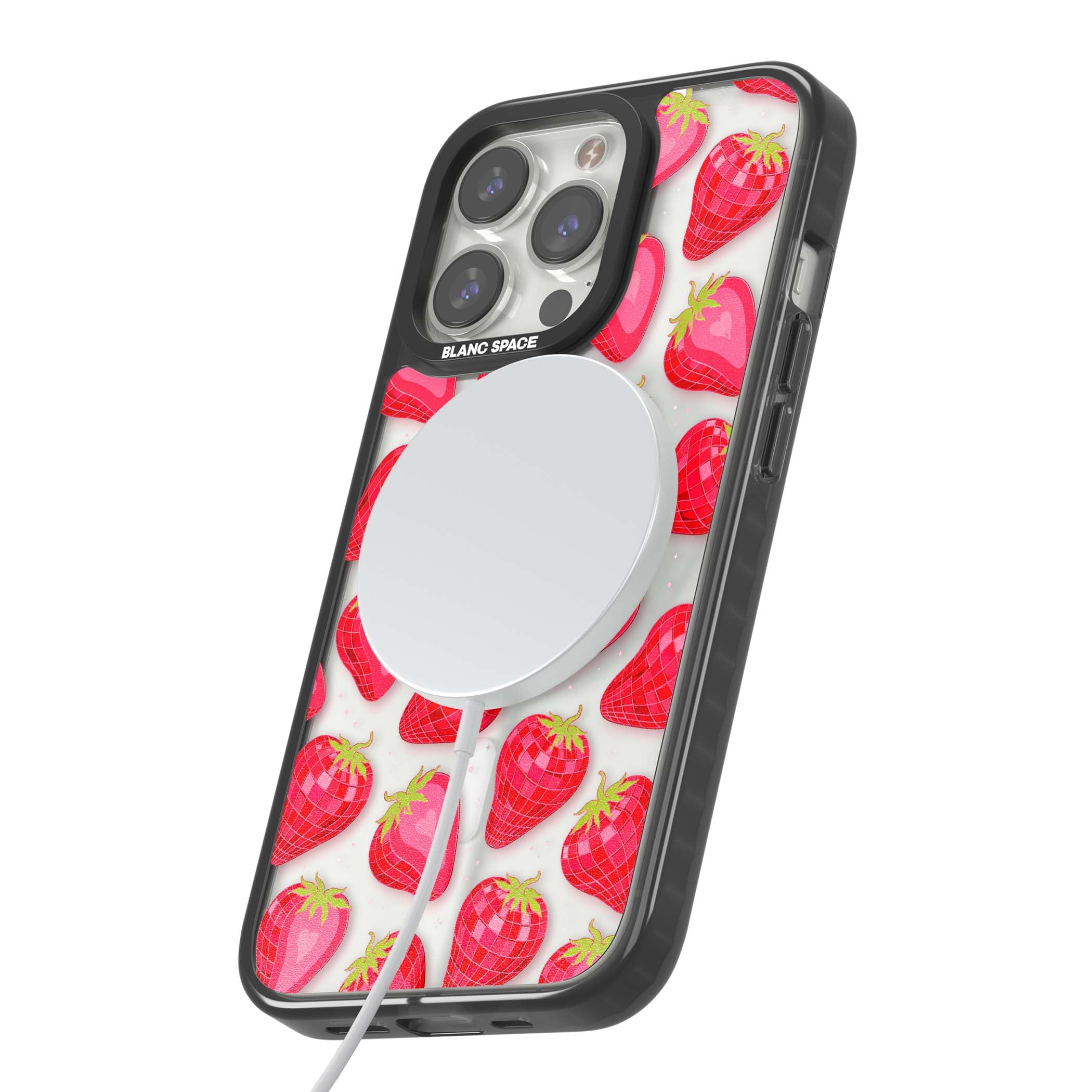 Disco Strawberry Y2K iPhone case featuring pink disco-ball strawberries, green leaves and tiny sparkles | Black Impact Magsafe case for iPhone 13 Pro, iPhone 14 Pro, iPhone 15 Pro