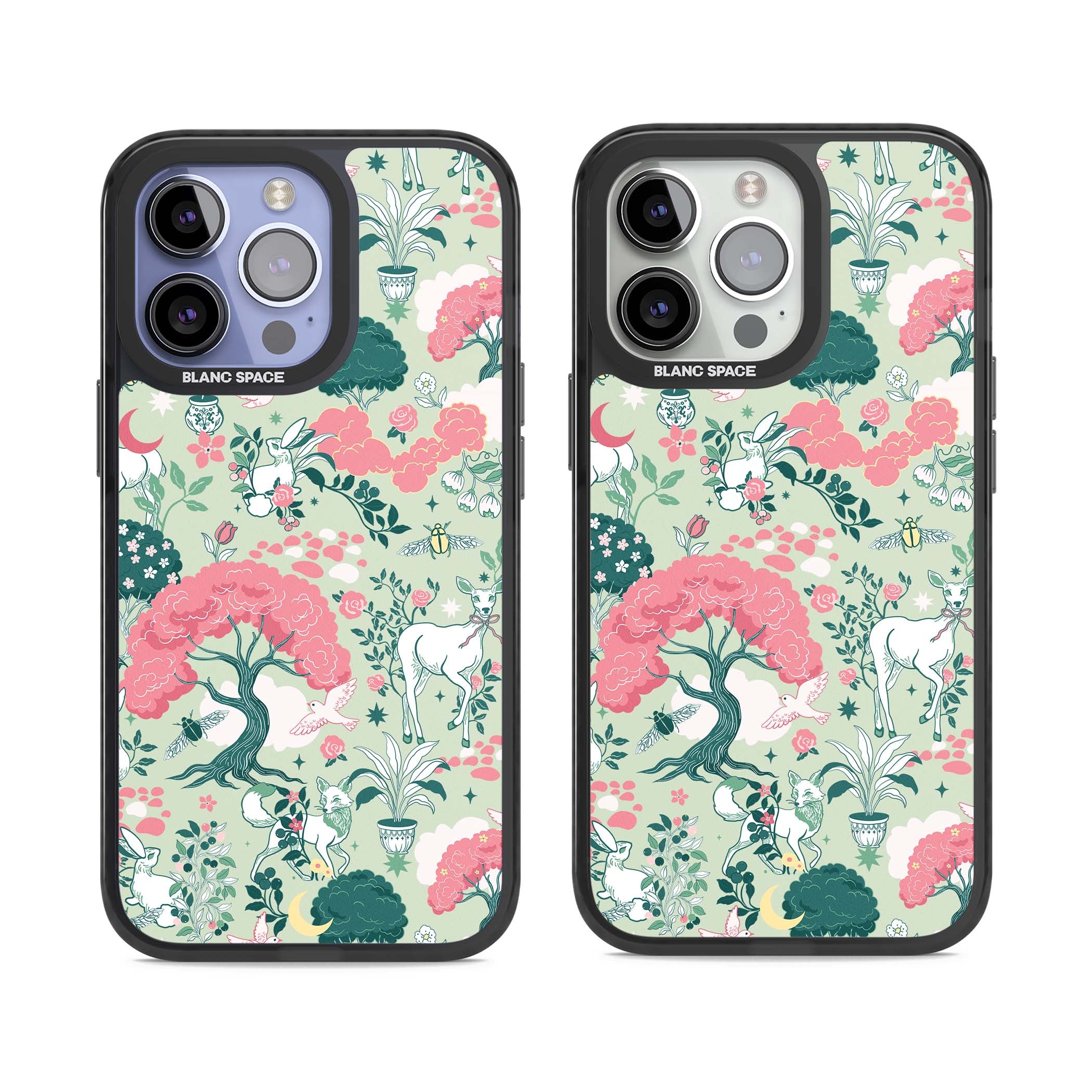 Enchanted Woodland cottagecore iPhone case featuring white deer, pink roses, mushrooms and woodland animals on sage green | Black Impact Magsafe case for iPhone 13 Pro, iPhone 14 Pro, iPhone 15 Pro