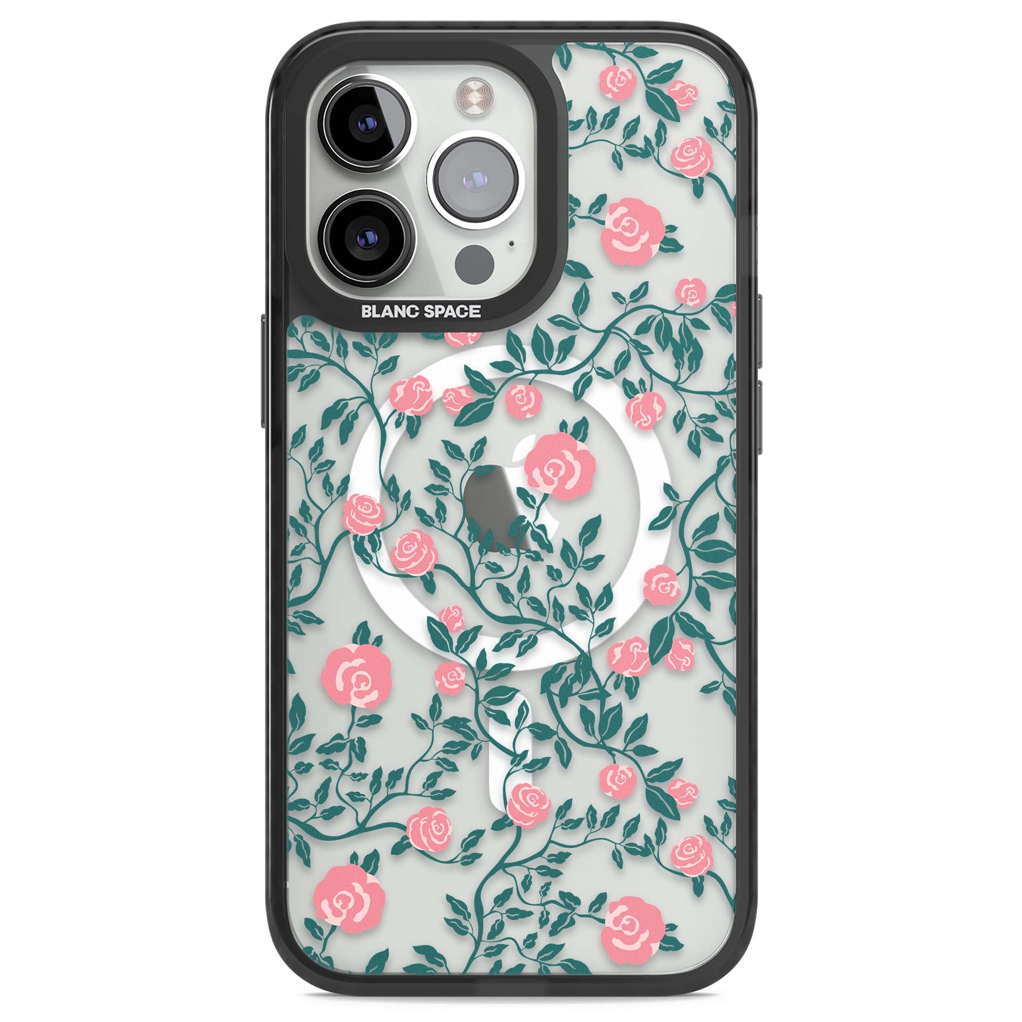 Rose Trellis (Clear) cottagecore iPhone case featuring pink climbing roses and green leaves on clear background | Black Impact Magsafe case for iPhone 13 Pro, iPhone 14 Pro, iPhone 15 Pro